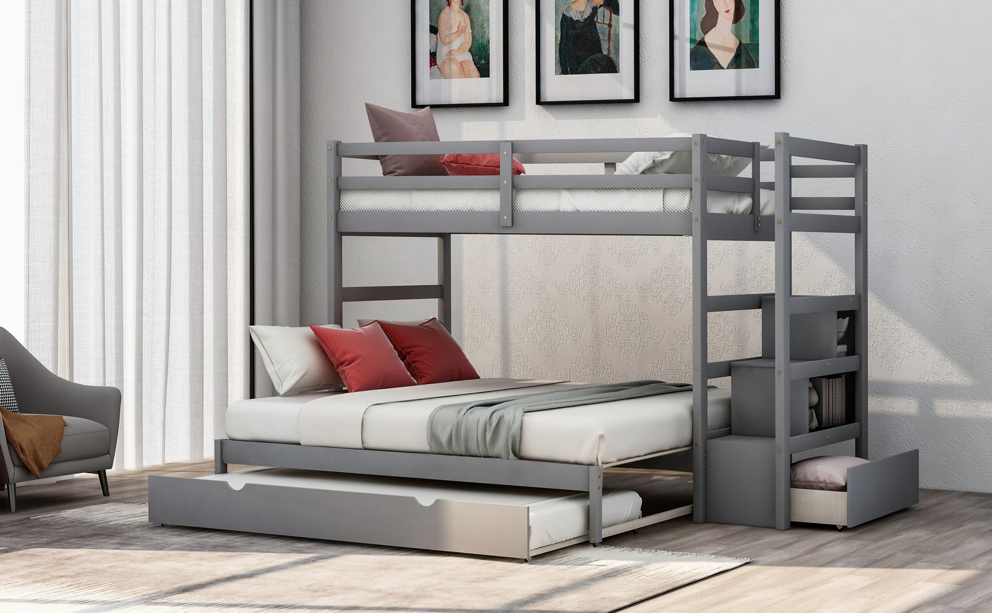 Twin Over Twin King Irregular King Size Bunk Bed With Twin Size Trundle, Extendable Bunk Bed Gray Old Sku :Lp000032Aae Gray Solid Wood