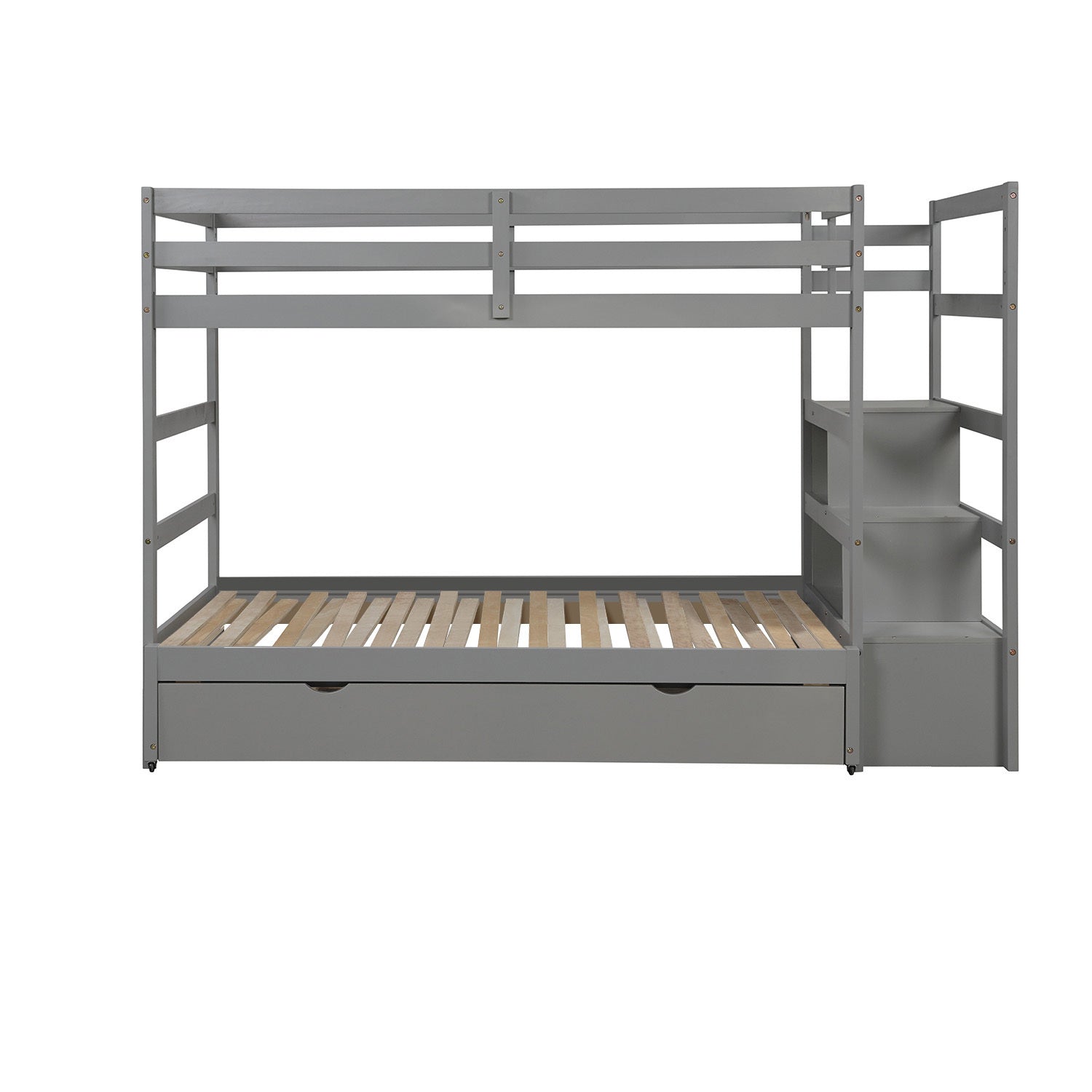 Twin Over Twin King Irregular King Size Bunk Bed With Twin Size Trundle, Extendable Bunk Bed Gray Old Sku :Lp000032Aae Gray Solid Wood