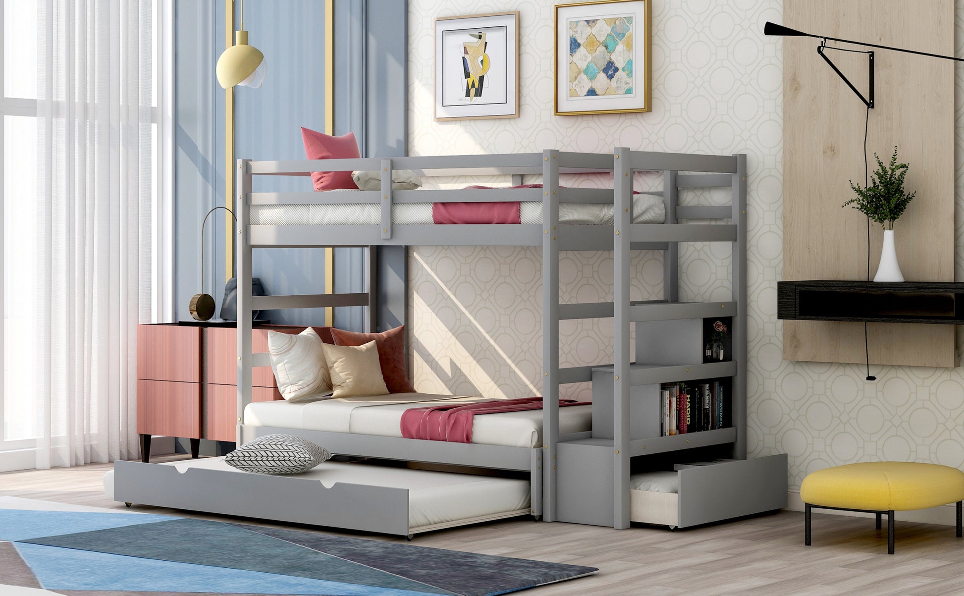 Twin Over Twin King Irregular King Size Bunk Bed With Twin Size Trundle, Extendable Bunk Bed Gray Old Sku :Lp000032Aae Gray Solid Wood