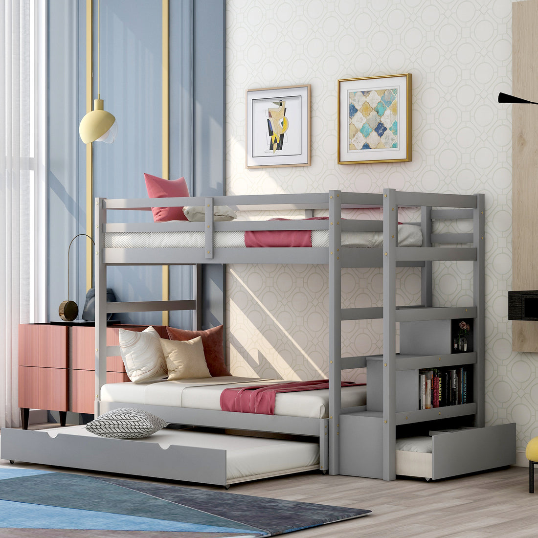 Twin Over Twin King Irregular King Size Bunk Bed With Twin Size Trundle, Extendable Bunk Bed Gray Old Sku :Lp000032Aae Gray Solid Wood