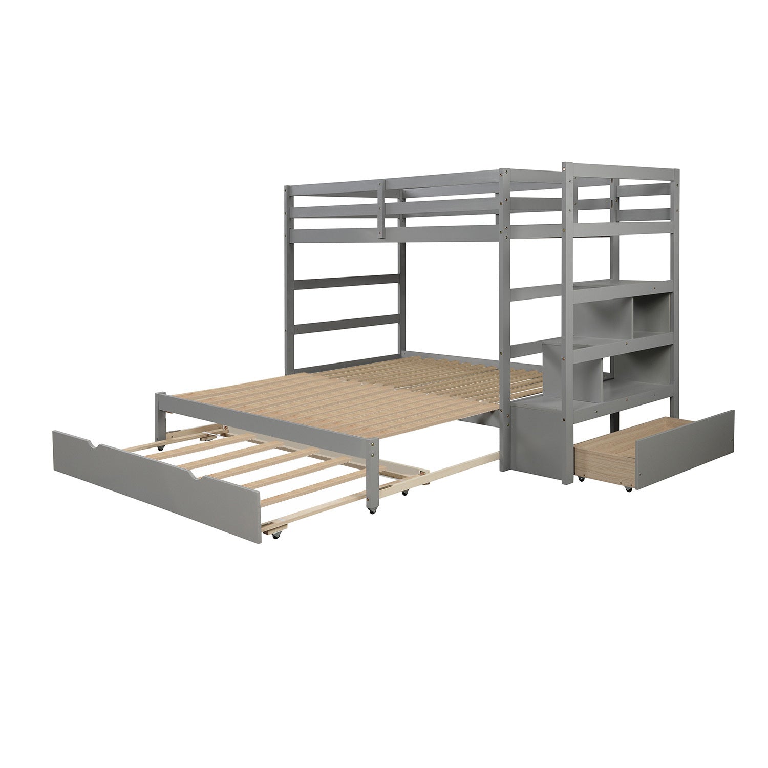 Twin Over Twin King Irregular King Size Bunk Bed With Twin Size Trundle, Extendable Bunk Bed Gray Old Sku :Lp000032Aae Gray Solid Wood