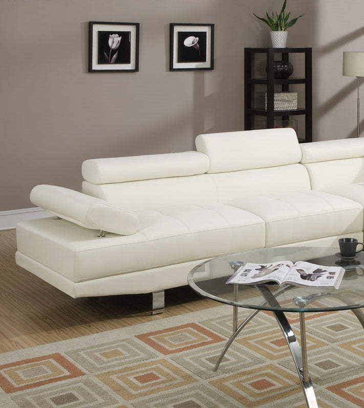 White Color Sectional Living Room Furniture Faux Leather Adjustable Headrest Right Facing Chaise & Left Facing Sofa White Faux Leather Primary Living Space Contemporary,Modern L Shaped Pillow Top Arms Metal 5 Seat