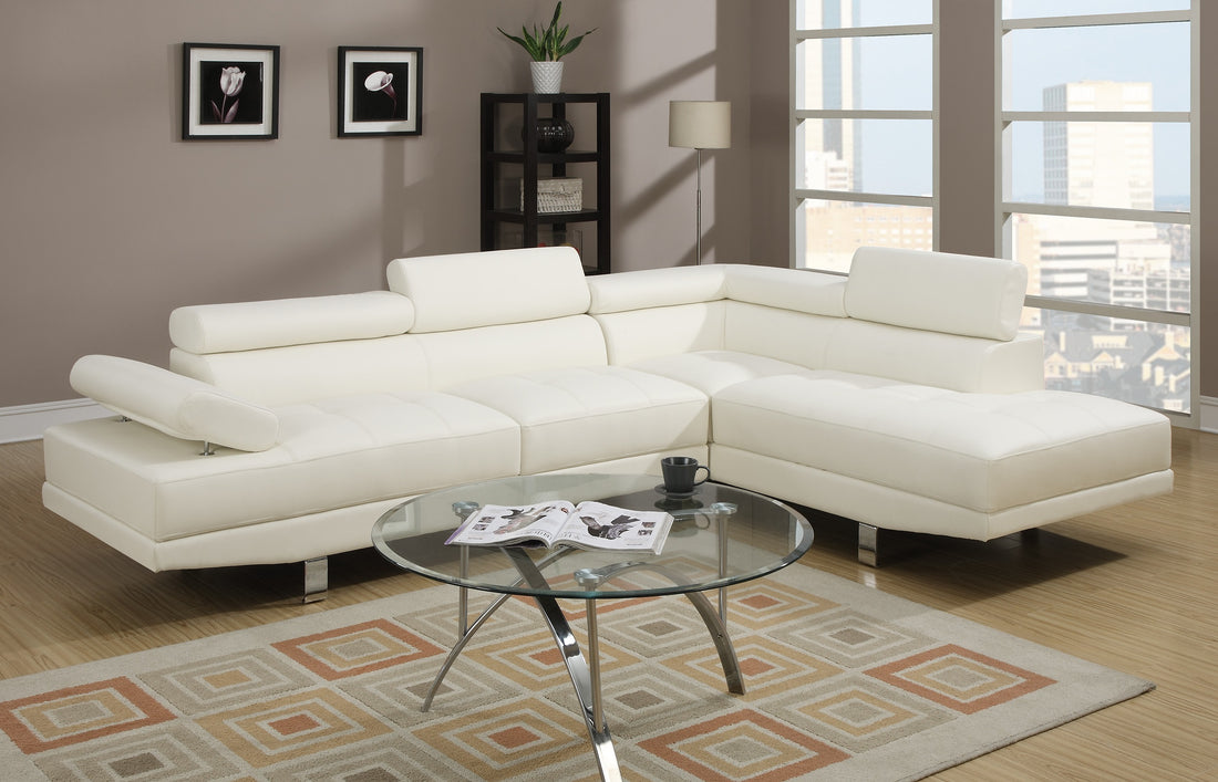 White Color Sectional Living Room Furniture Faux Leather Adjustable Headrest Right Facing Chaise & Left Facing Sofa White Faux Leather Primary Living Space Contemporary,Modern L Shaped Pillow Top Arms Metal 5 Seat