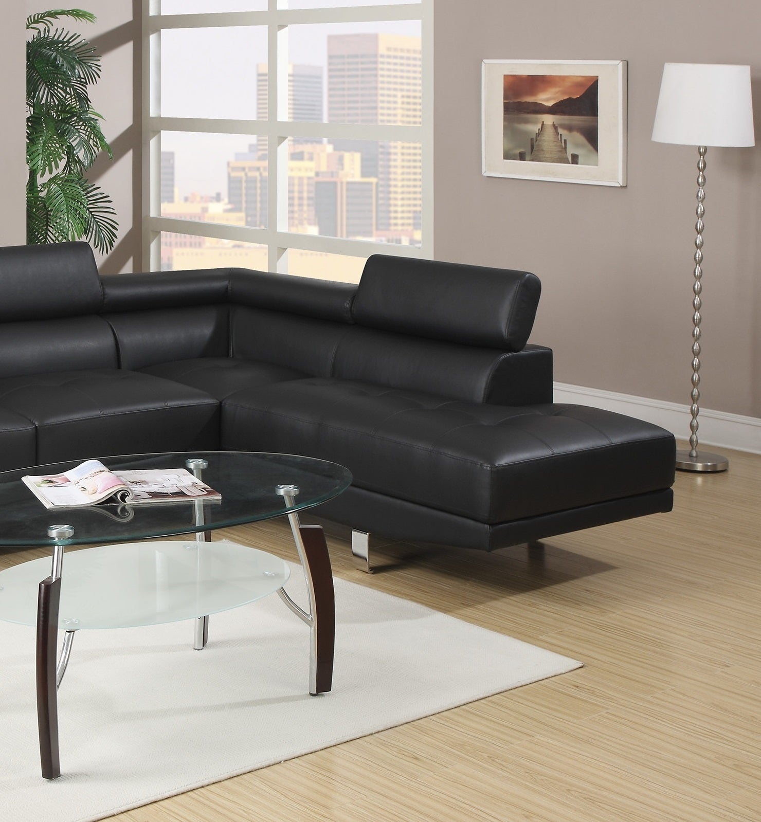 Black Color Sectional Living Room Furniture Faux Leather Adjustable Headrest Right Facing Chaise & Left Facing Sofa Black Faux Leather Primary Living Space Classic,Contemporary,Modern L Shaped Pine Pillow Top Arms Metal 5 Seat