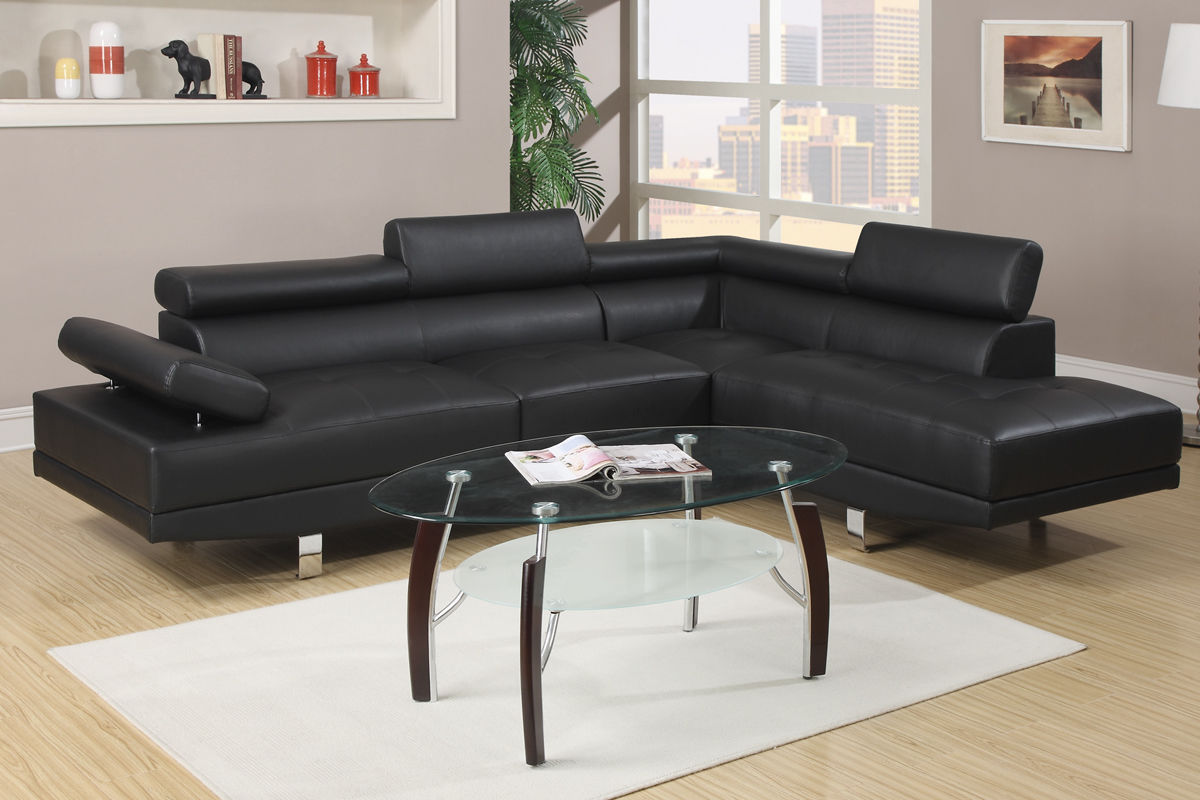 Black Color Sectional Living Room Furniture Faux Leather Adjustable Headrest Right Facing Chaise & Left Facing Sofa Black Faux Leather Primary Living Space Classic,Contemporary,Modern L Shaped Pine Pillow Top Arms Metal 5 Seat