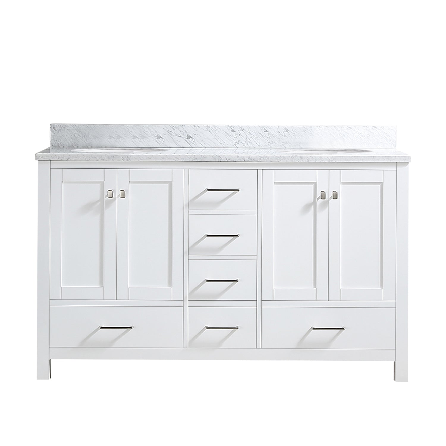 60" Double Bathroom Vanity Cabinet With Carrera Marble Top In White With Ceramic Sink And Back Splash White Plywood