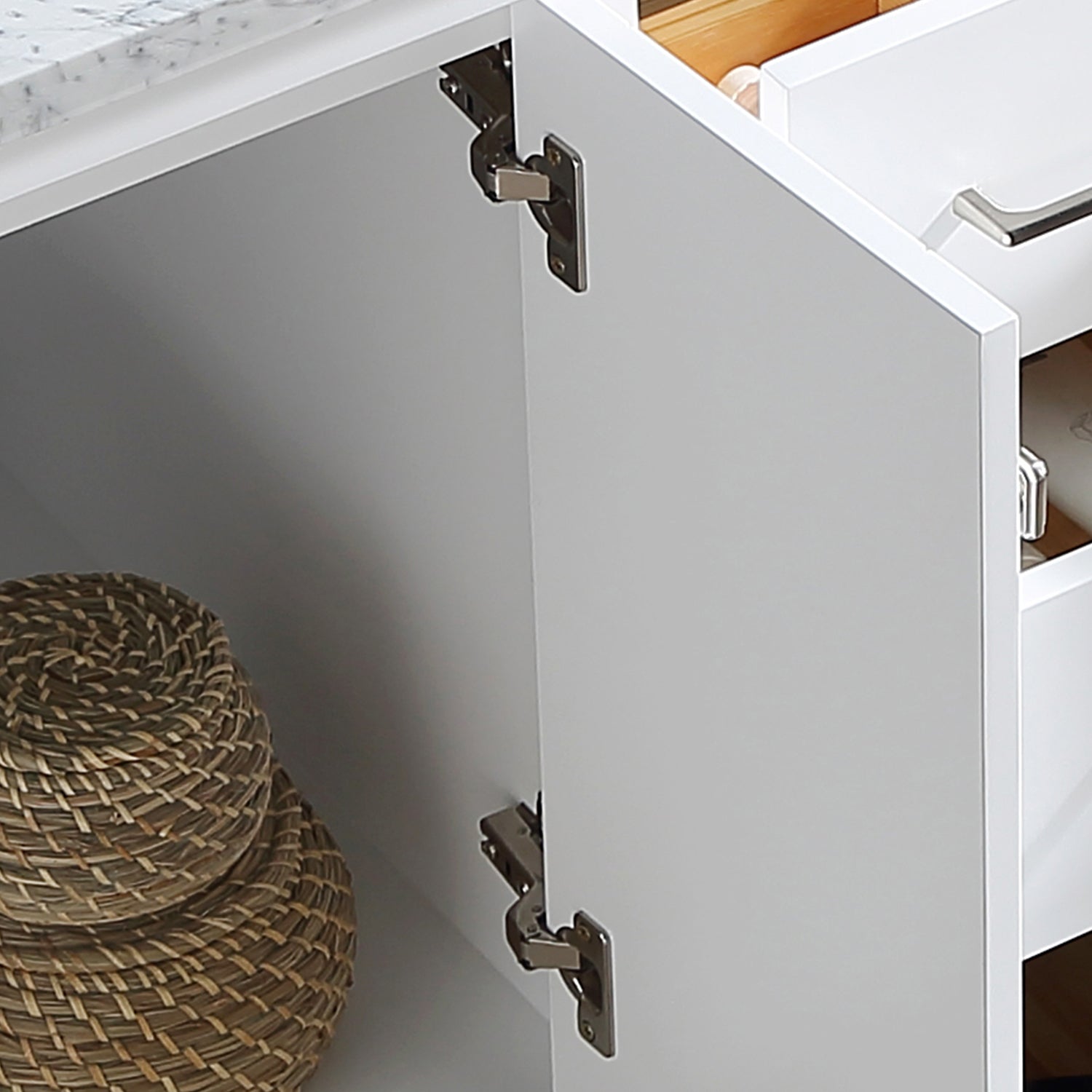 60" Double Bathroom Vanity Cabinet With Carrera Marble Top In White With Ceramic Sink And Back Splash White Plywood