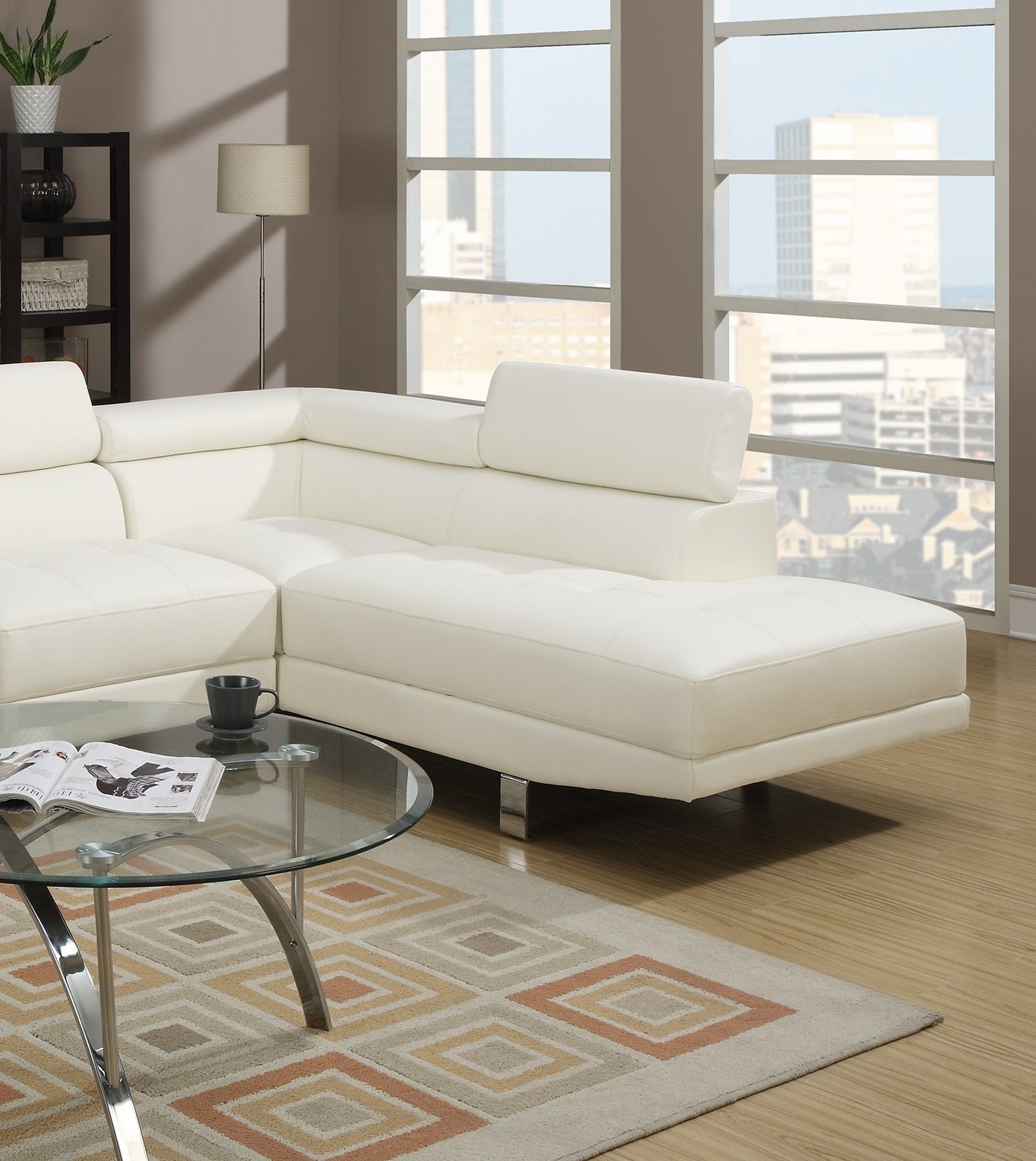 White Color Sectional Living Room Furniture Faux Leather Adjustable Headrest Right Facing Chaise & Left Facing Sofa White Faux Leather Primary Living Space Contemporary,Modern L Shaped Pillow Top Arms Metal 5 Seat