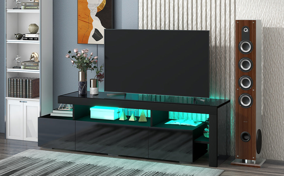 Modern Style 16 Colored Led Lights Tv Cabinet, Uv High Gloss Surface Entertainment Center With Dvd Shelf, Up To 70 Inch Tv, Black Black Particle Board