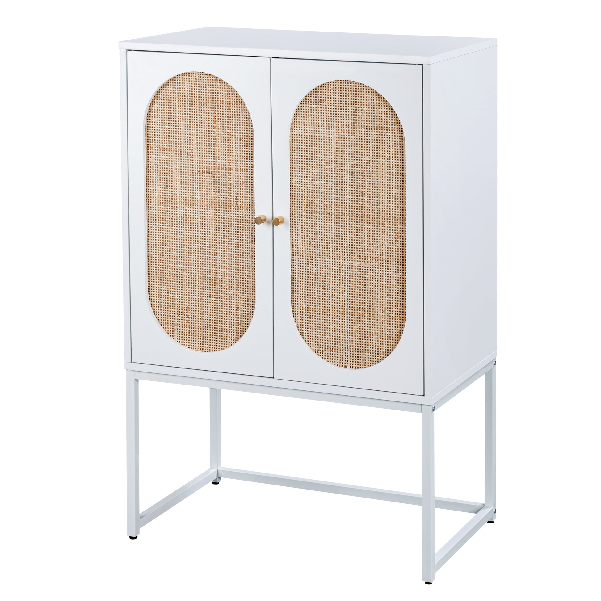 Set Of 2, Natural Rattan 2 Door High Cabinet, Built In Adjustable Shelf, Easy Assembly, Free Standing Cabinet For Living Room Bedroom White Particle Board