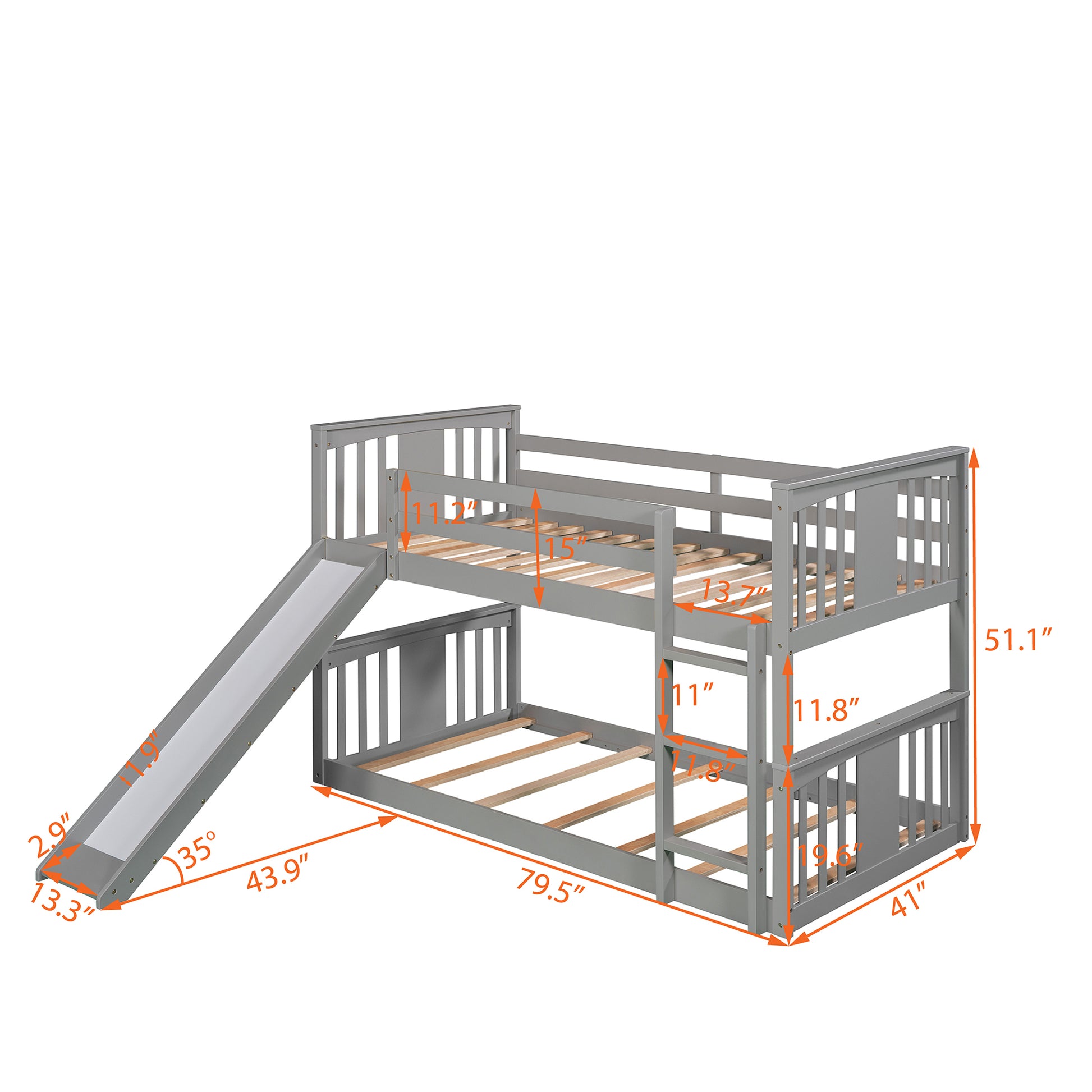 Twin Over Twin Bunk Bed With Slide And Ladder, Gray Old Sku Lp000108Aae Gray Solid Wood