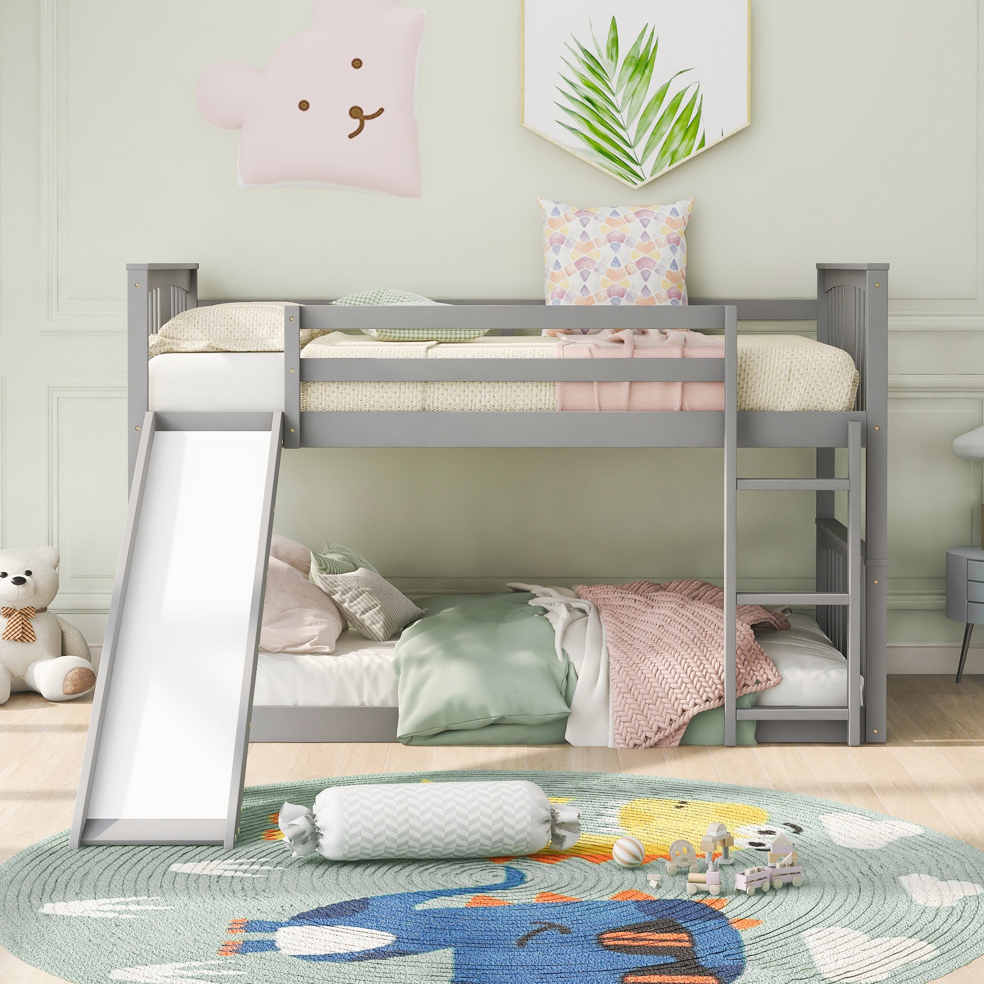 Twin Over Twin Bunk Bed With Slide And Ladder, Gray Old Sku Lp000108Aae Gray Solid Wood