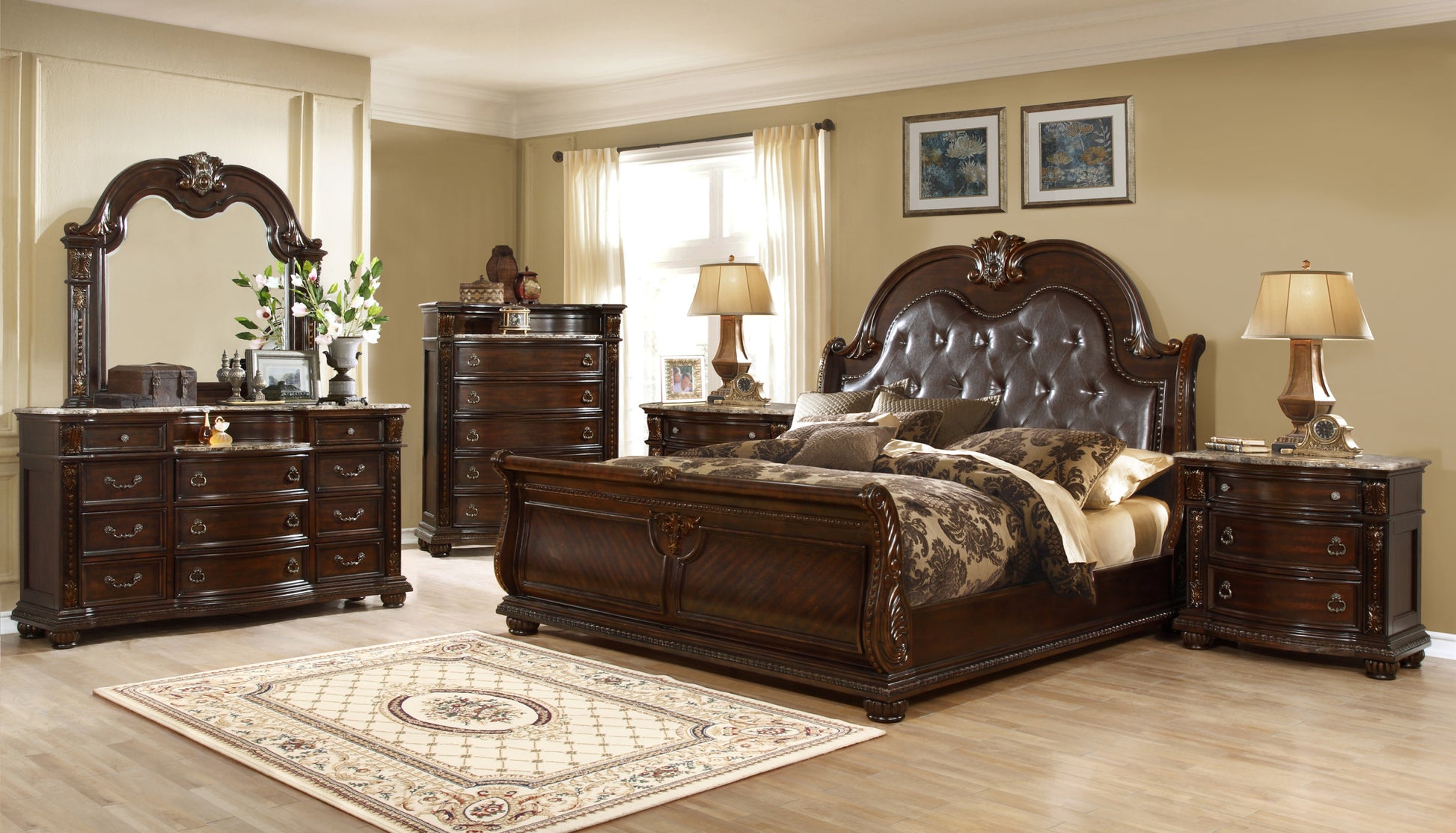 Roma Traditional Style 5Piece King Includes: King Size Bed, Nightstanddresser, Chest And Mirror Button Tufted Bedroom Set Made With Wood In Dark Walnut King Walnut Wood 5 Piece Set Bedroom Bed Included,Chest Included,Dresser Included,Mirror