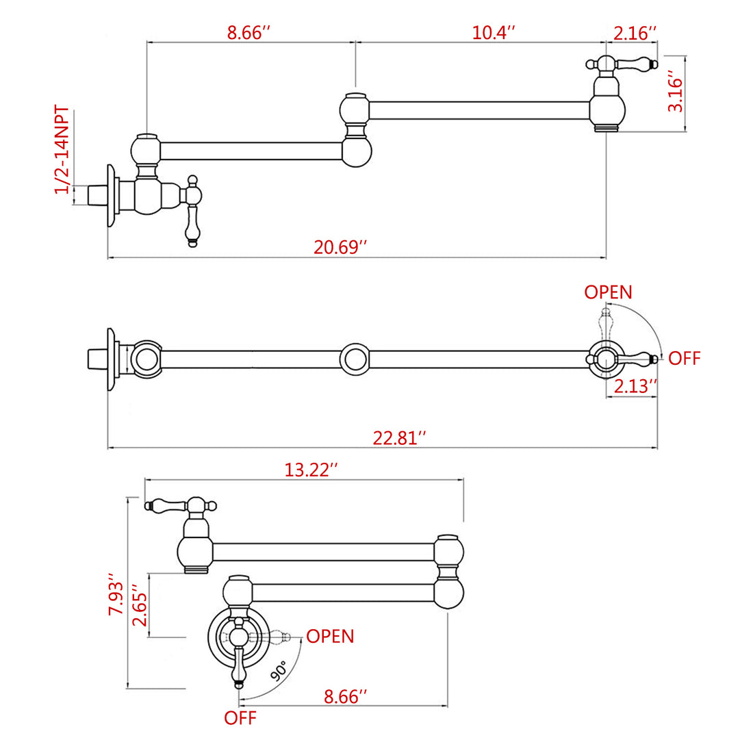 Pot Filler Faucet Wall Mount,with Double Joint Swing chrome-brass