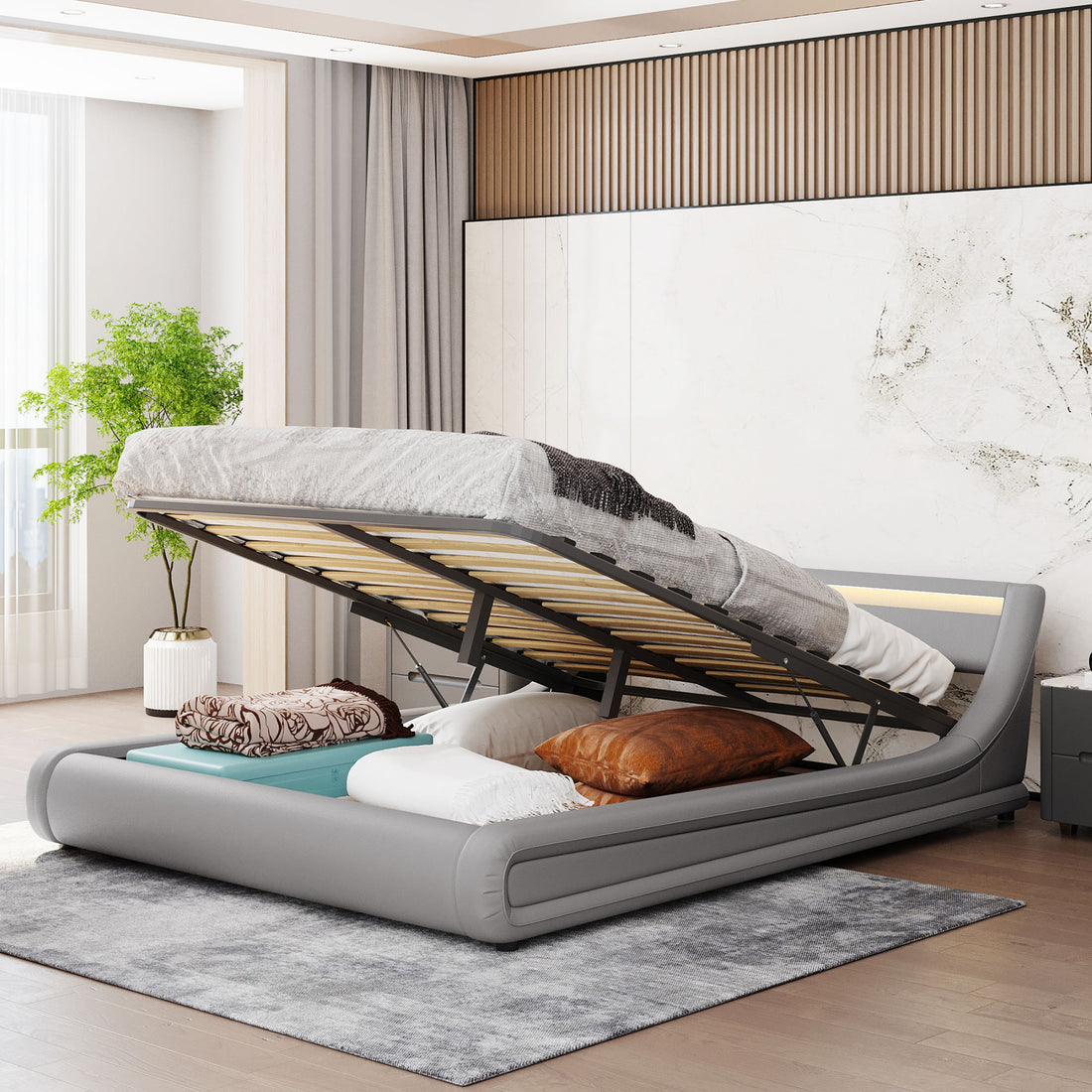 Upholstered Faux Leather Platform Bed With A Hydraulic Storage System With Led Light Headboard Bed Frame With Slatted Queen Size Grey Technical Leather