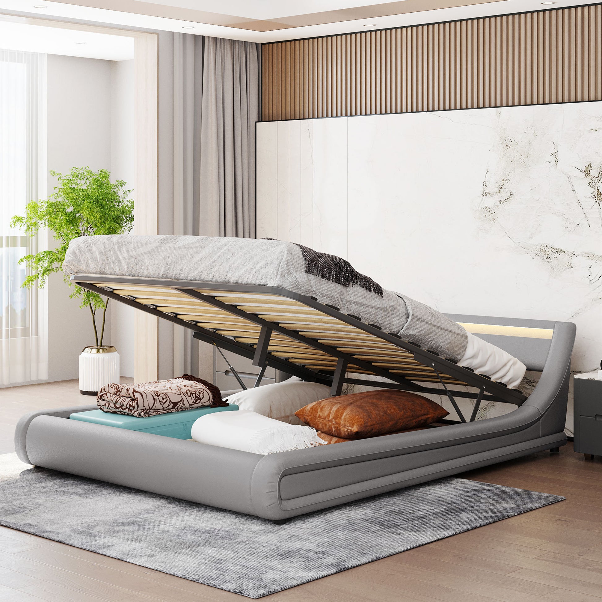 Upholstered Faux Leather Platform Bed With A Hydraulic Storage System With Led Light Headboard Bed Frame With Slatted Queen Size Grey Technical Leather