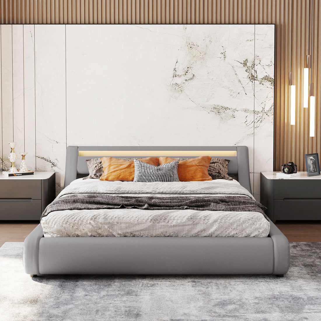 Upholstered Faux Leather Platform Bed With A Hydraulic Storage System With Led Light Headboard Bed Frame With Slatted Queen Size Grey Technical Leather