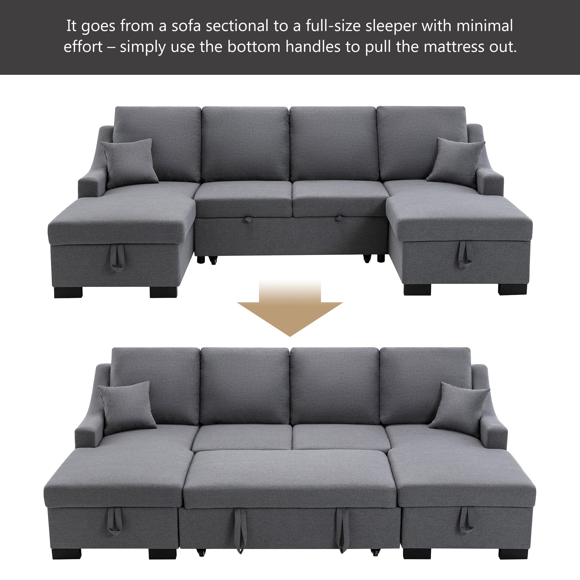 Upholstery Sleeper Sectional Sofa With Double Storage Spaces, 2 Tossing Cushions, Grey Grey Linen