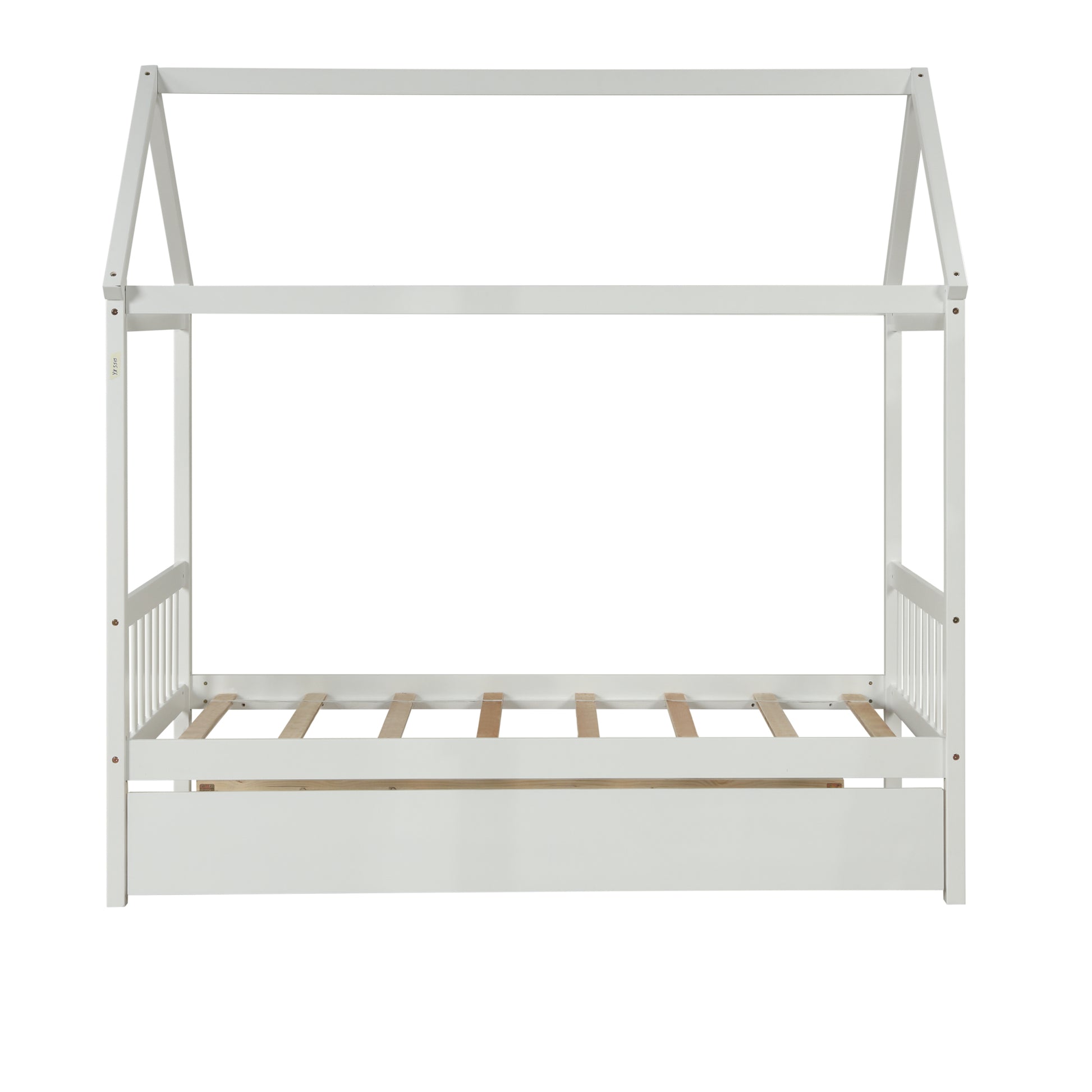 Solid Wood Twin House Bed Frame With Twin Size Trundle For White Color, No Box Spring Needed White Pine