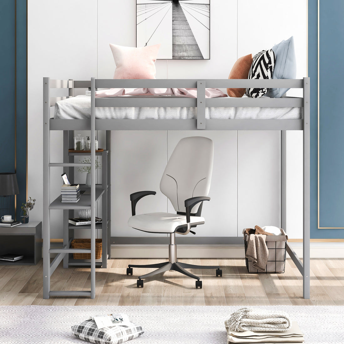 Full Size Loft Bed With Built In Desk And Shelves,Gray Gray Pine