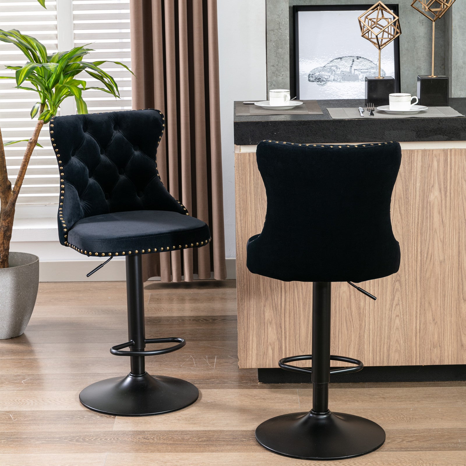 Swivel Velvet Barstools Adjusatble Seat Height From 25 33 Inch,17.7 Inch Base, Modern Upholstered Bar Stools With Backs Comfortable Tufted For Home Pub And Kitchen Island,Black,Set Of 2 Black Dining Room American Design Foam Velvet