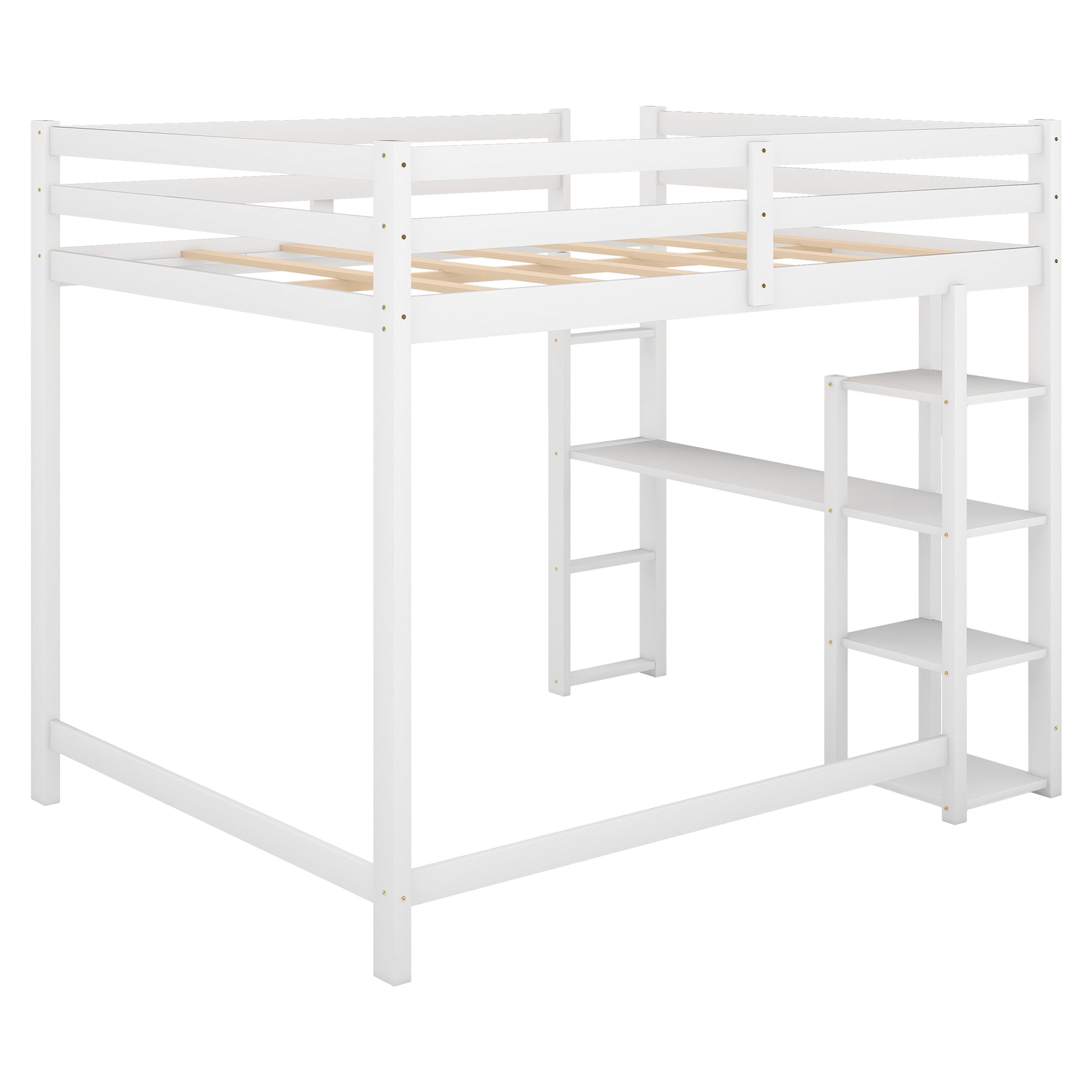 Full Size Loft Bed With Built In Desk And Shelves,White White Solid Wood Mdf