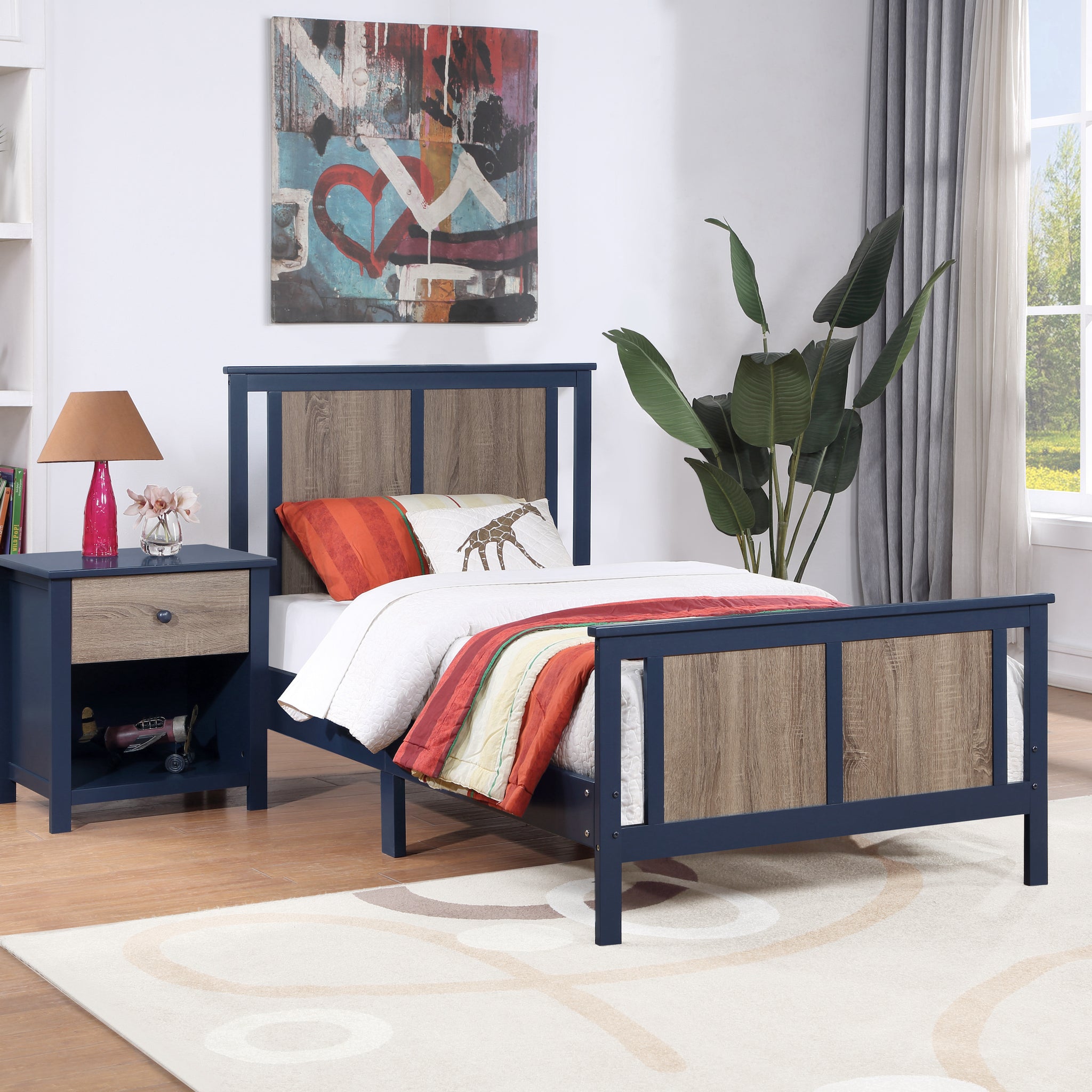 Connelly Twin Bed Midnight Blue Vintage Walnut Dark Blue Solid Wood