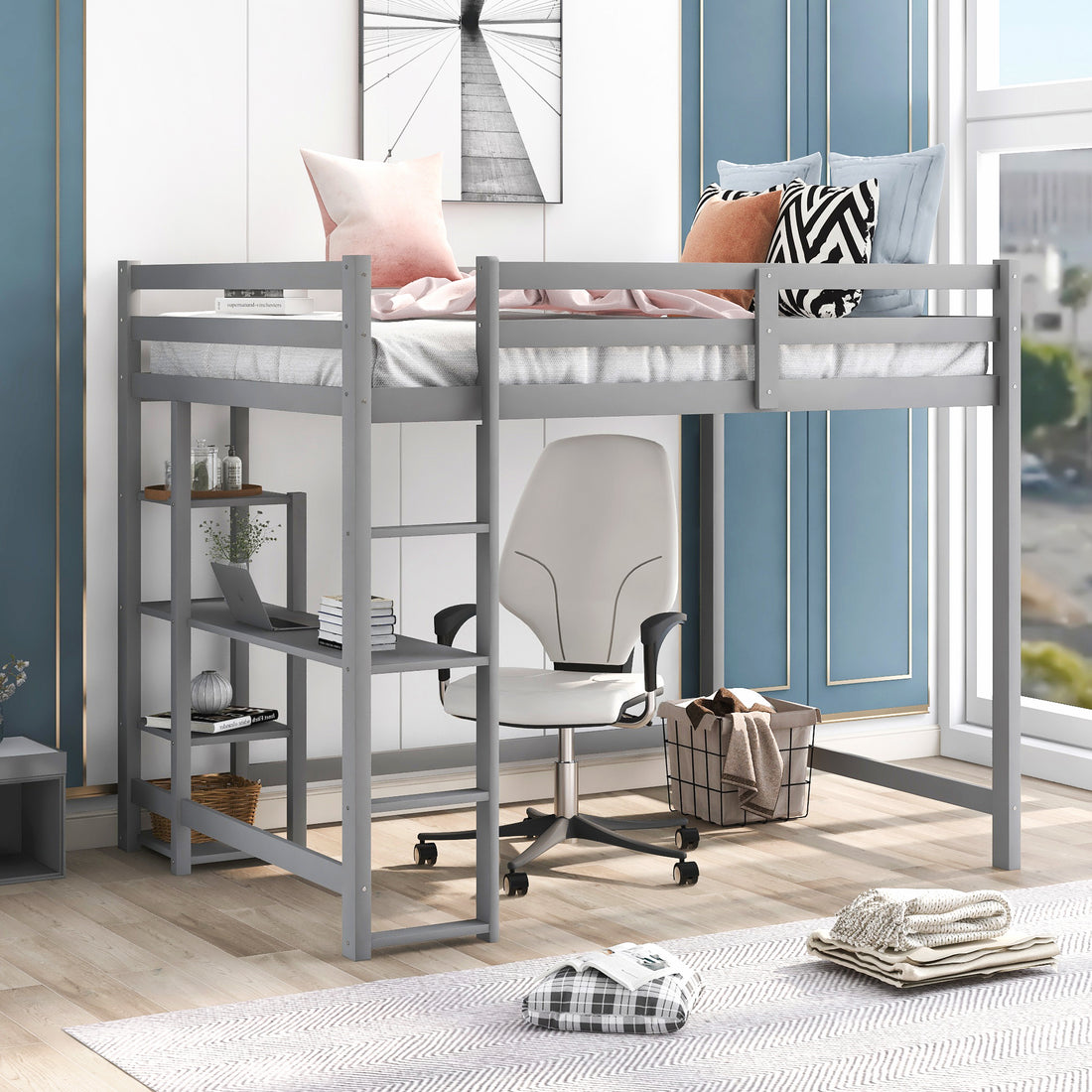 Full Size Loft Bed With Built In Desk And Shelves,Gray Gray Pine