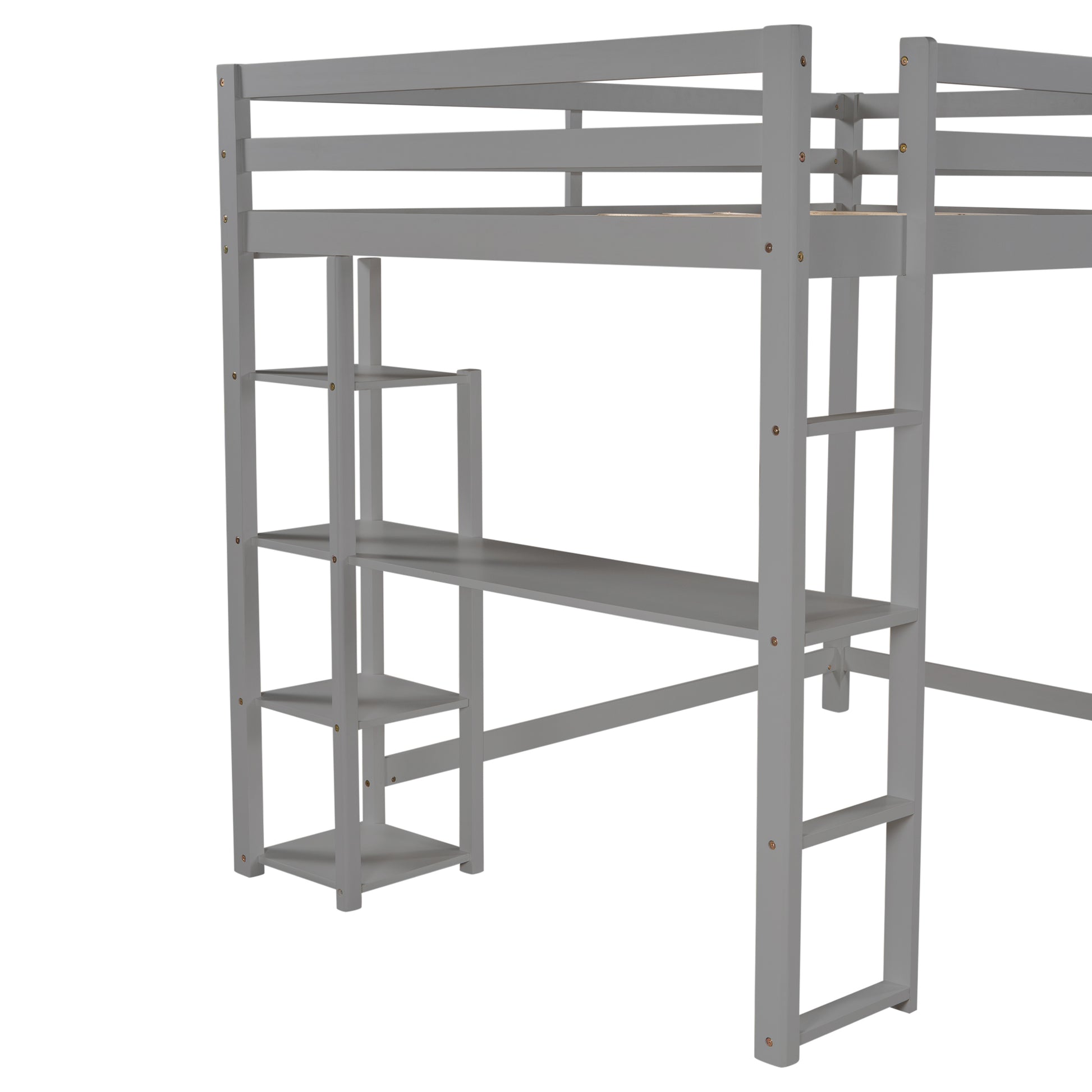 Full Size Loft Bed With Built In Desk And Shelves,Gray Gray Solid Wood Mdf