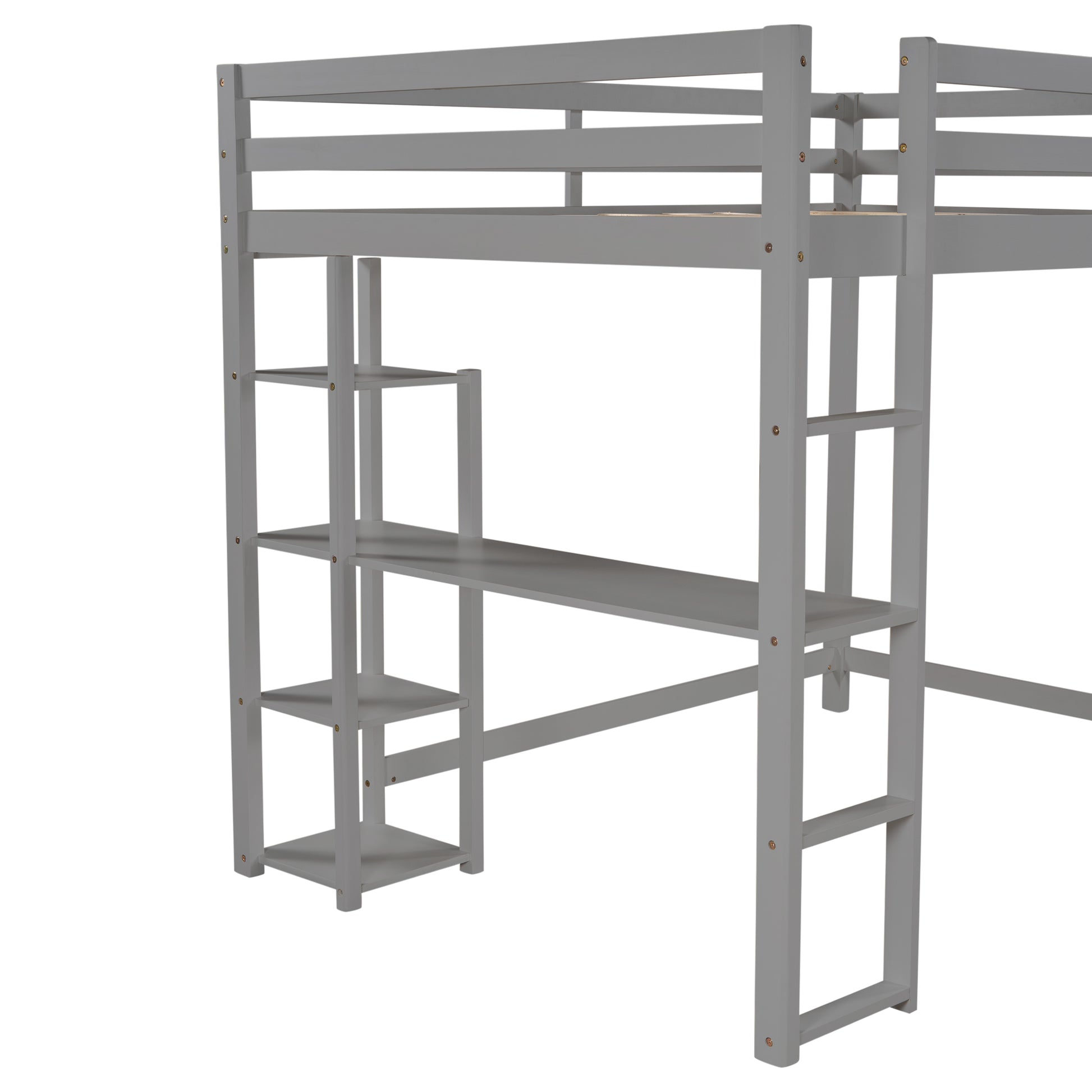 Full Size Loft Bed With Built In Desk And Shelves,Gray Gray Pine