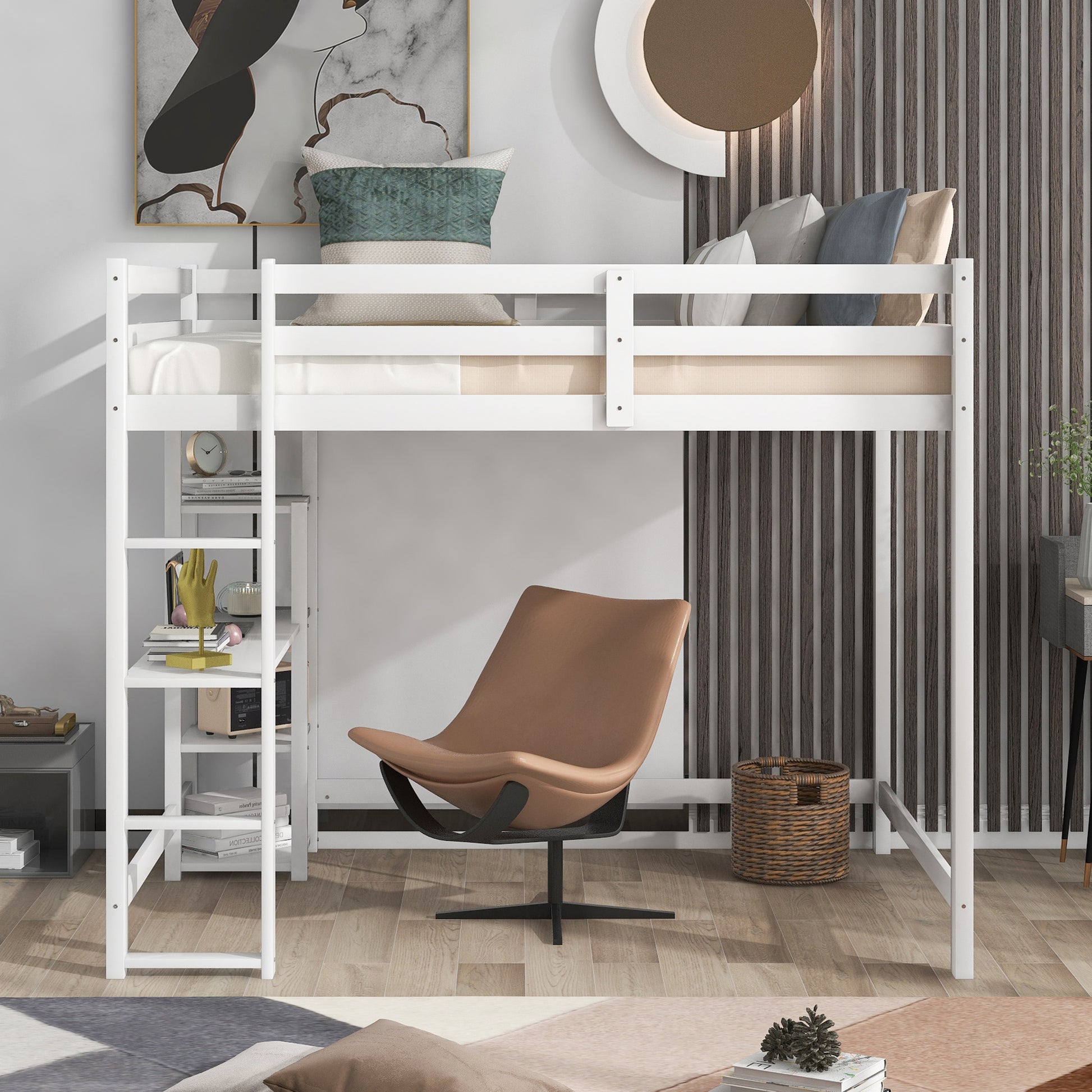 Full Size Loft Bed With Built In Desk And Shelves,White White Solid Wood Mdf