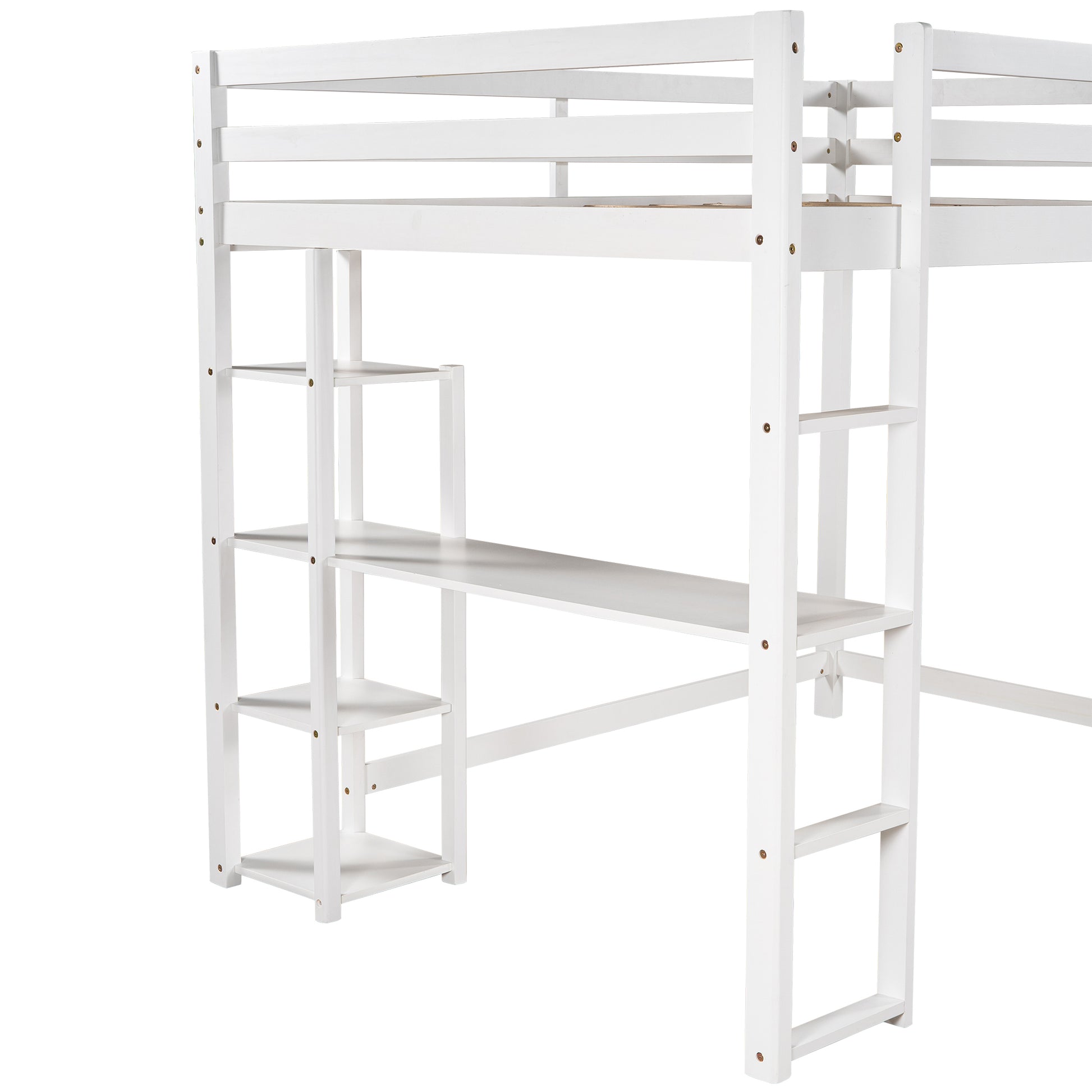 Full Size Loft Bed With Built In Desk And Shelves,White White Solid Wood Mdf