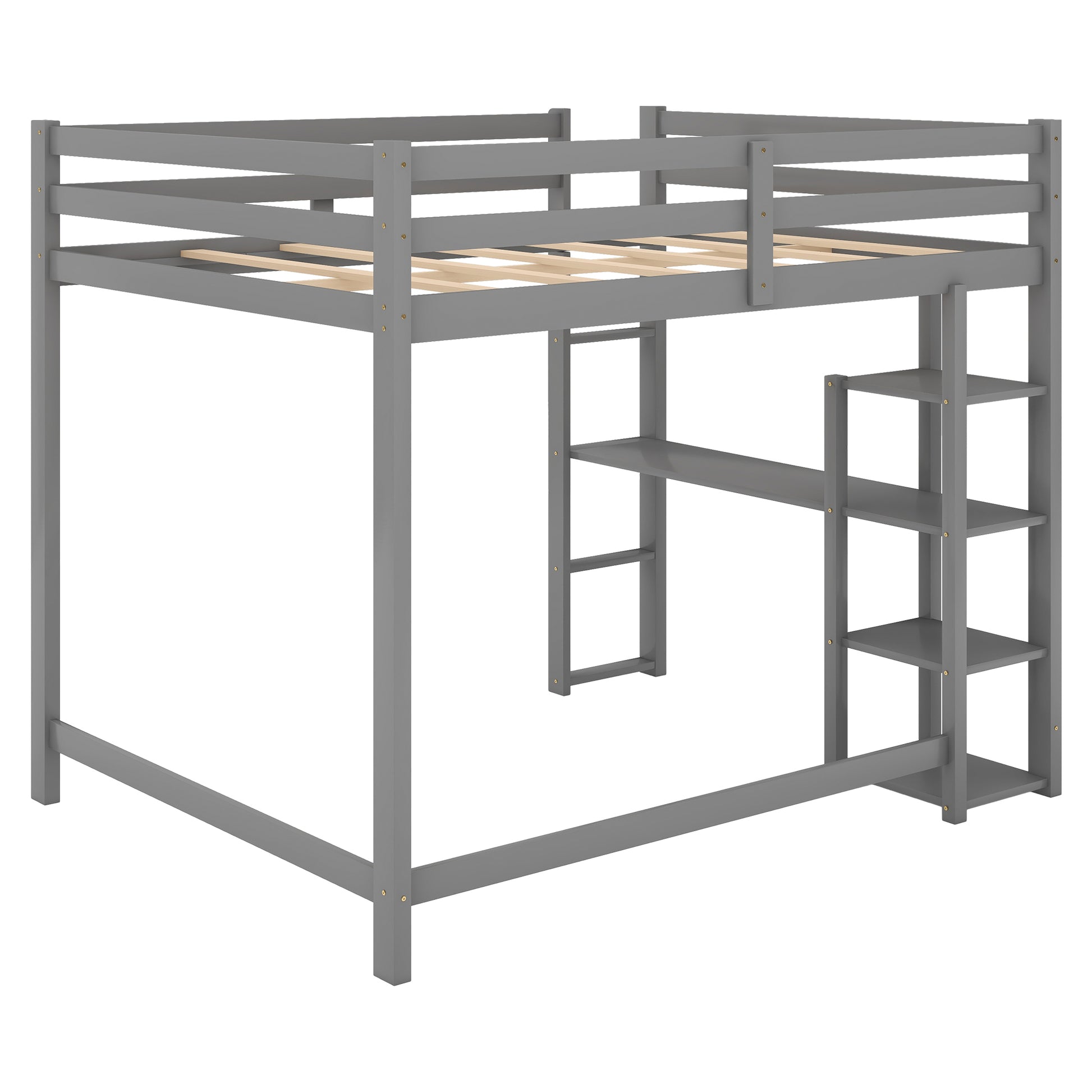 Full Size Loft Bed With Built In Desk And Shelves,Gray Gray Pine