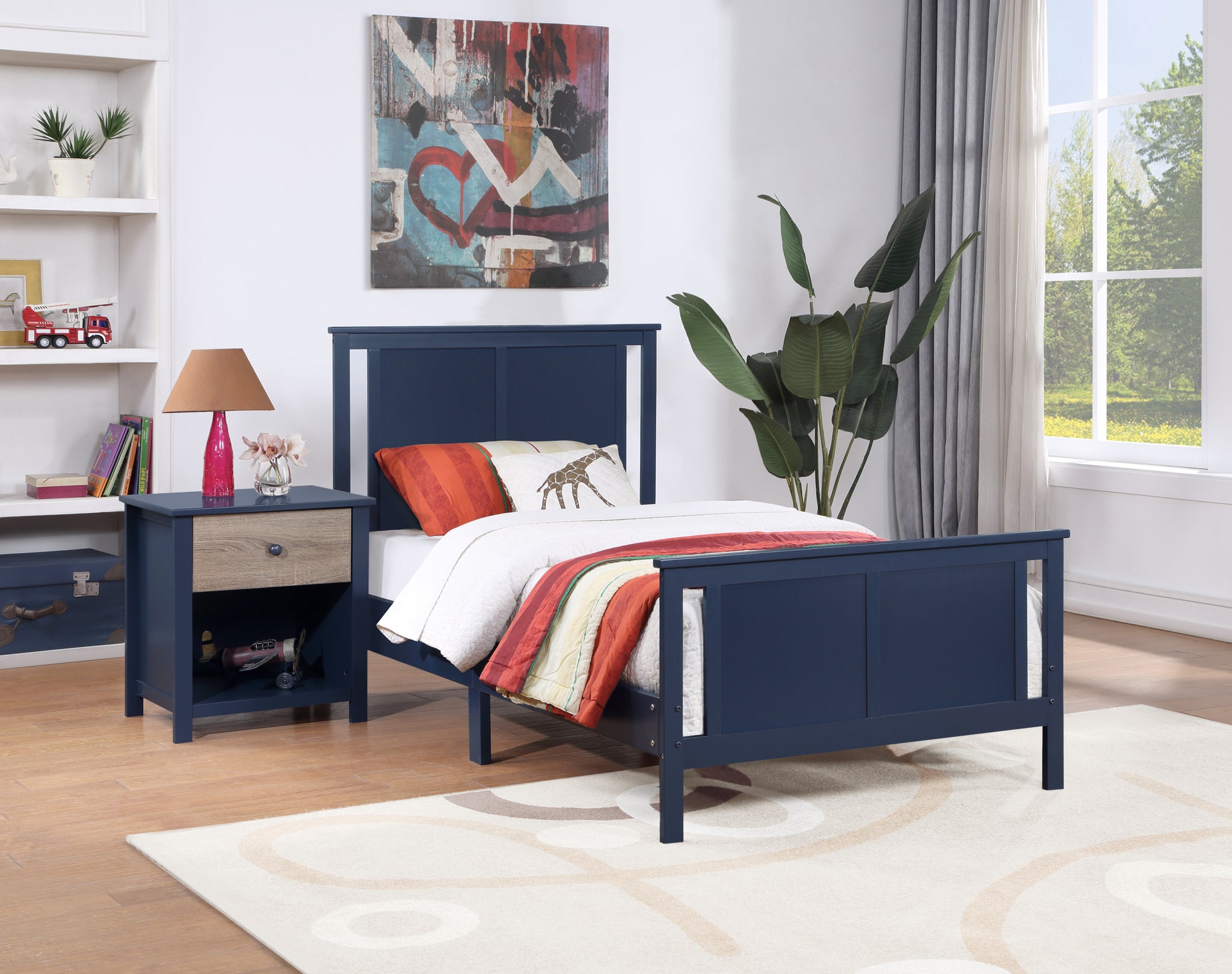 Connelly Twin Bed Midnight Blue Vintage Walnut