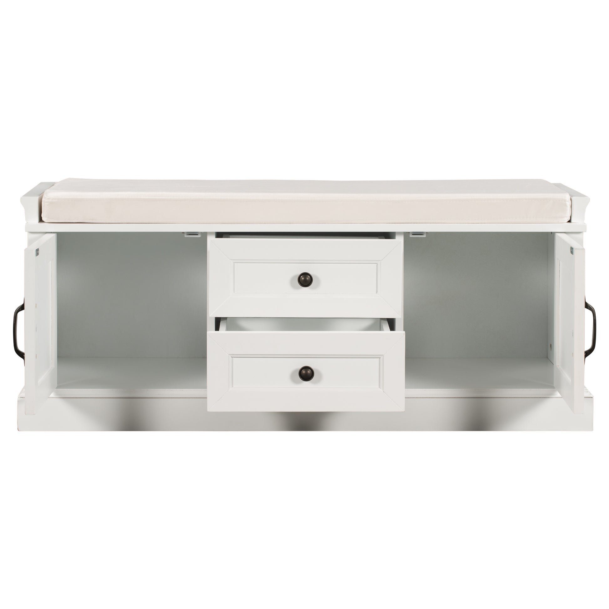 Storage Bench With 2 Drawers And 2 Cabinets, Shoe Bench With Removable Cushion For Living Room, Entryway White White Solid Wood