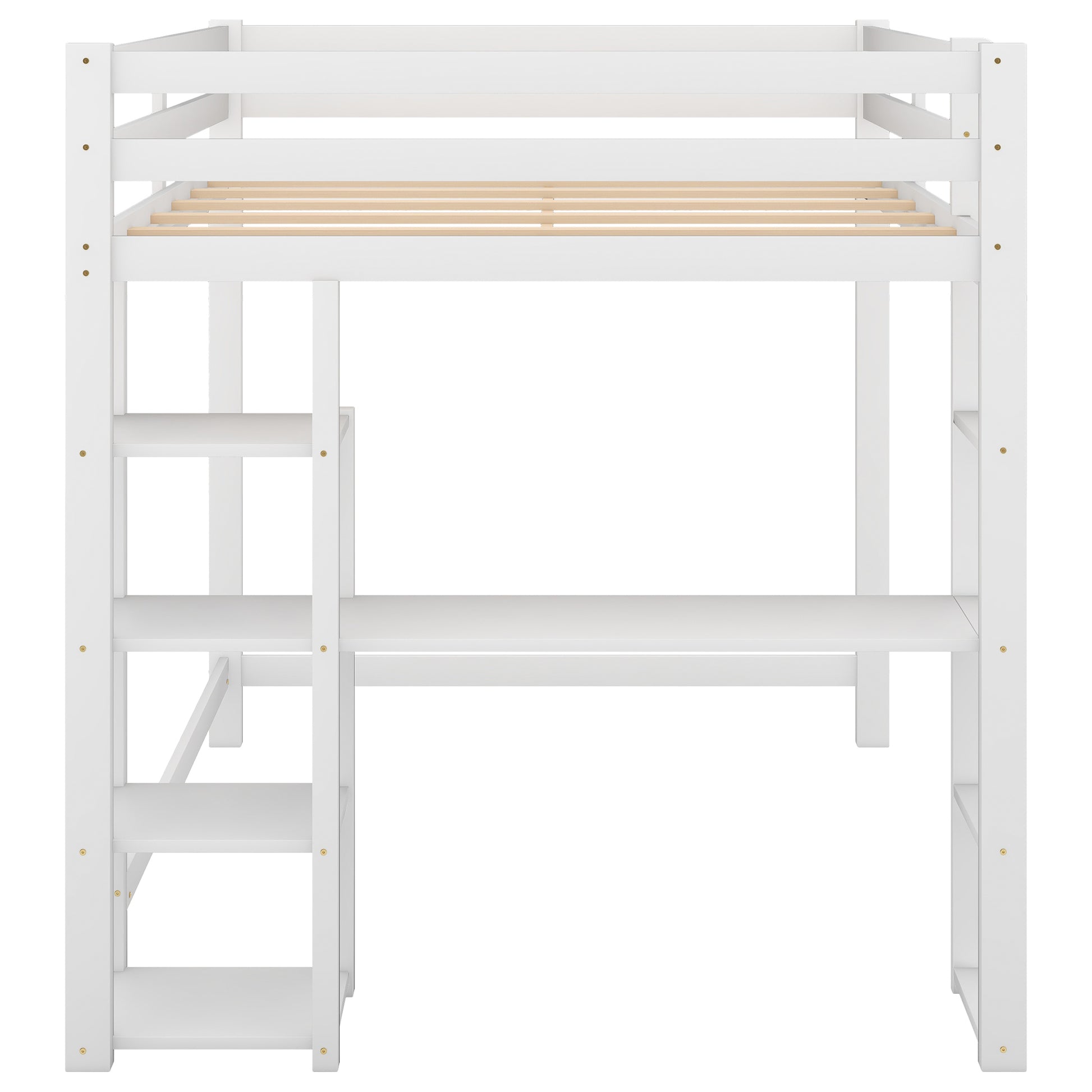 Full Size Loft Bed With Built In Desk And Shelves,White White Solid Wood Mdf