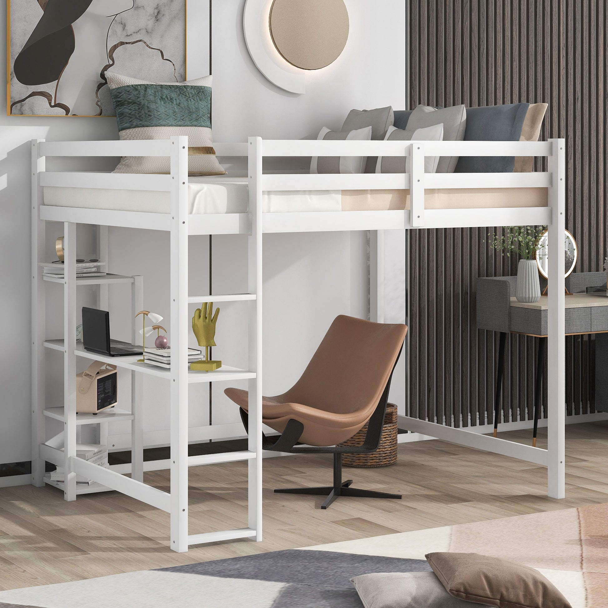 Full Size Loft Bed With Built In Desk And Shelves,White White Solid Wood Mdf