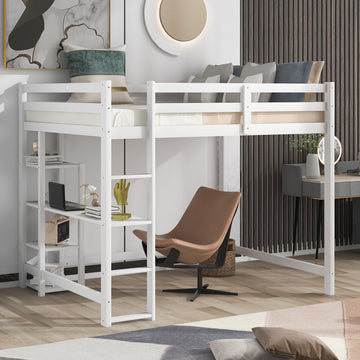 Full Size Loft Bed With Built In Desk And Shelves,White White Solid Wood Mdf