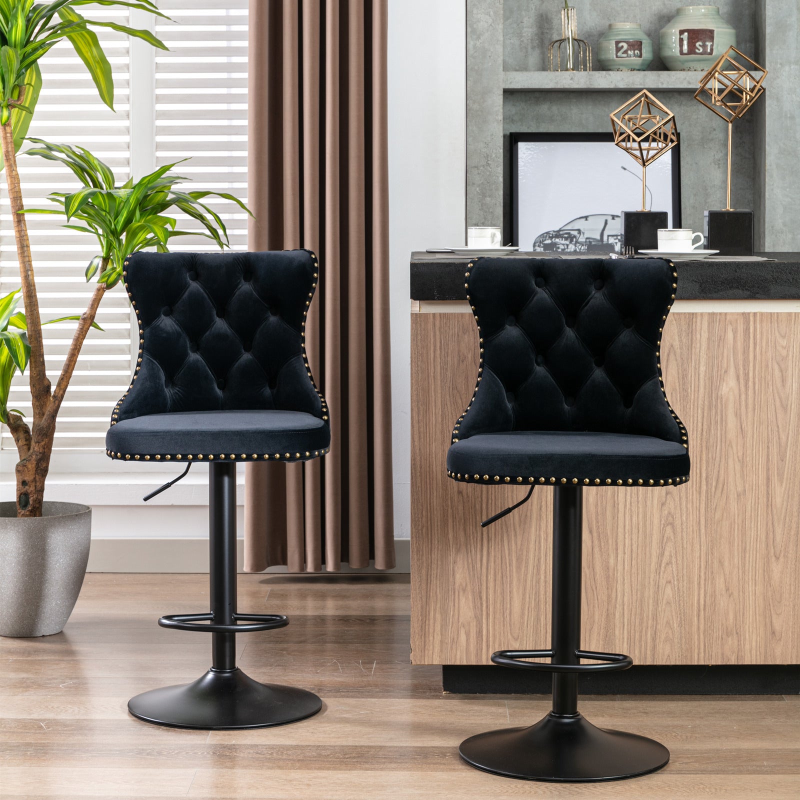 Swivel Velvet Barstools Adjusatble Seat Height From 25 33 Inch,17.7 Inch Base, Modern Upholstered Bar Stools With Backs Comfortable Tufted For Home Pub And Kitchen Island,Black,Set Of 2 Black Dining Room American Design Foam Velvet