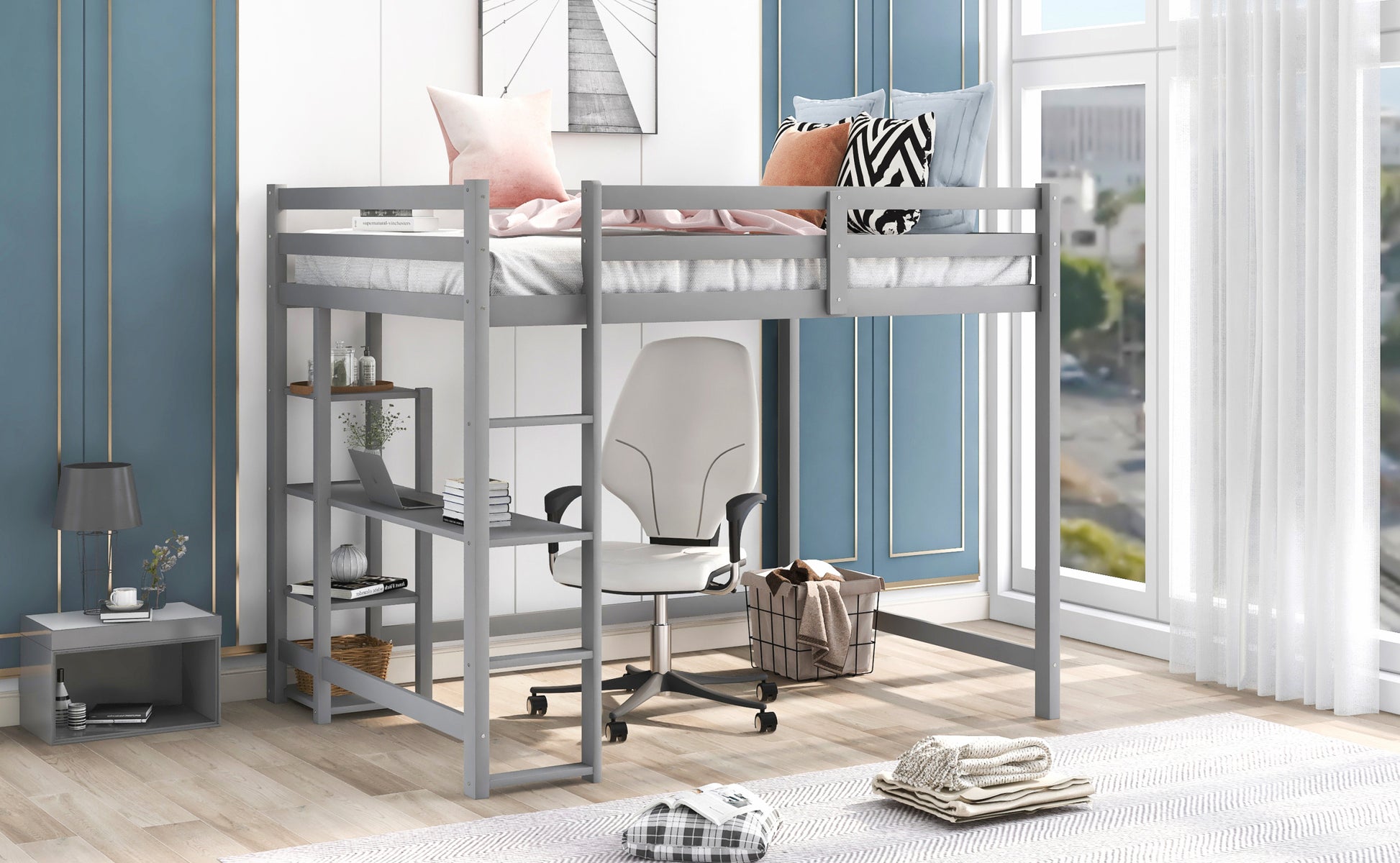 Full Size Loft Bed With Built In Desk And Shelves,Gray Gray Solid Wood Mdf