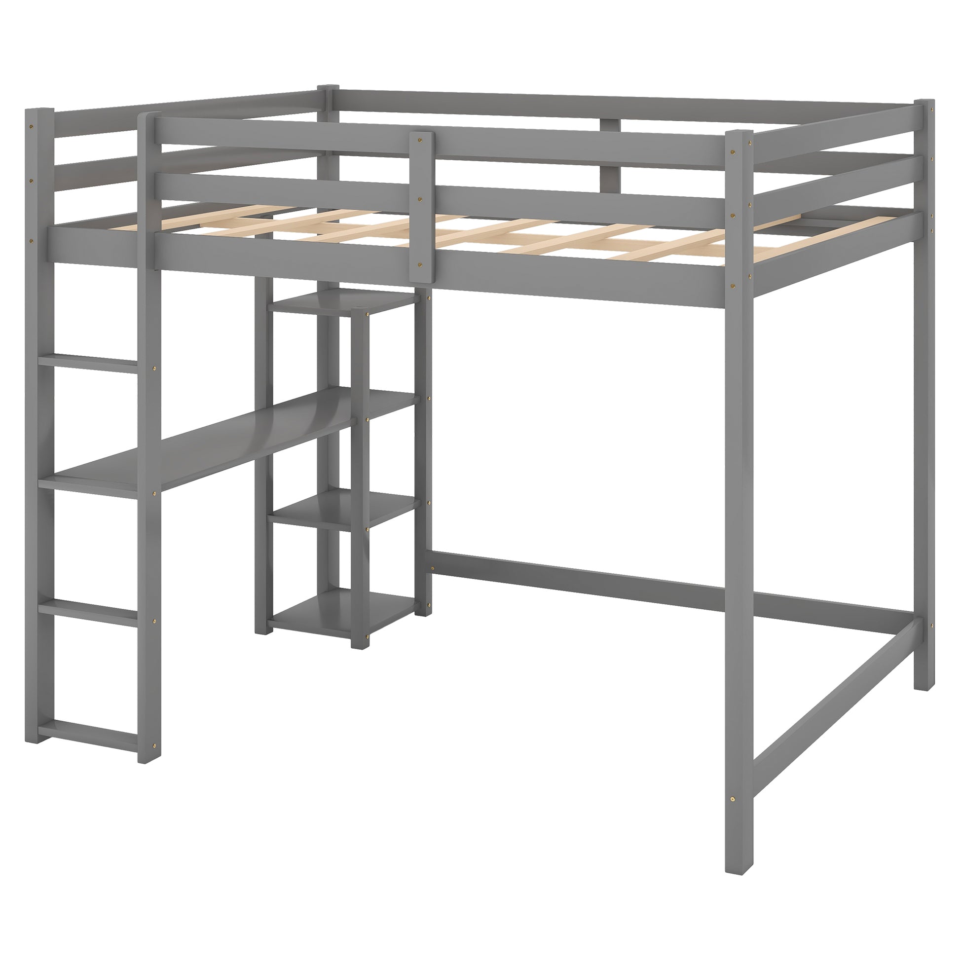 Full Size Loft Bed With Built In Desk And Shelves,Gray Gray Pine