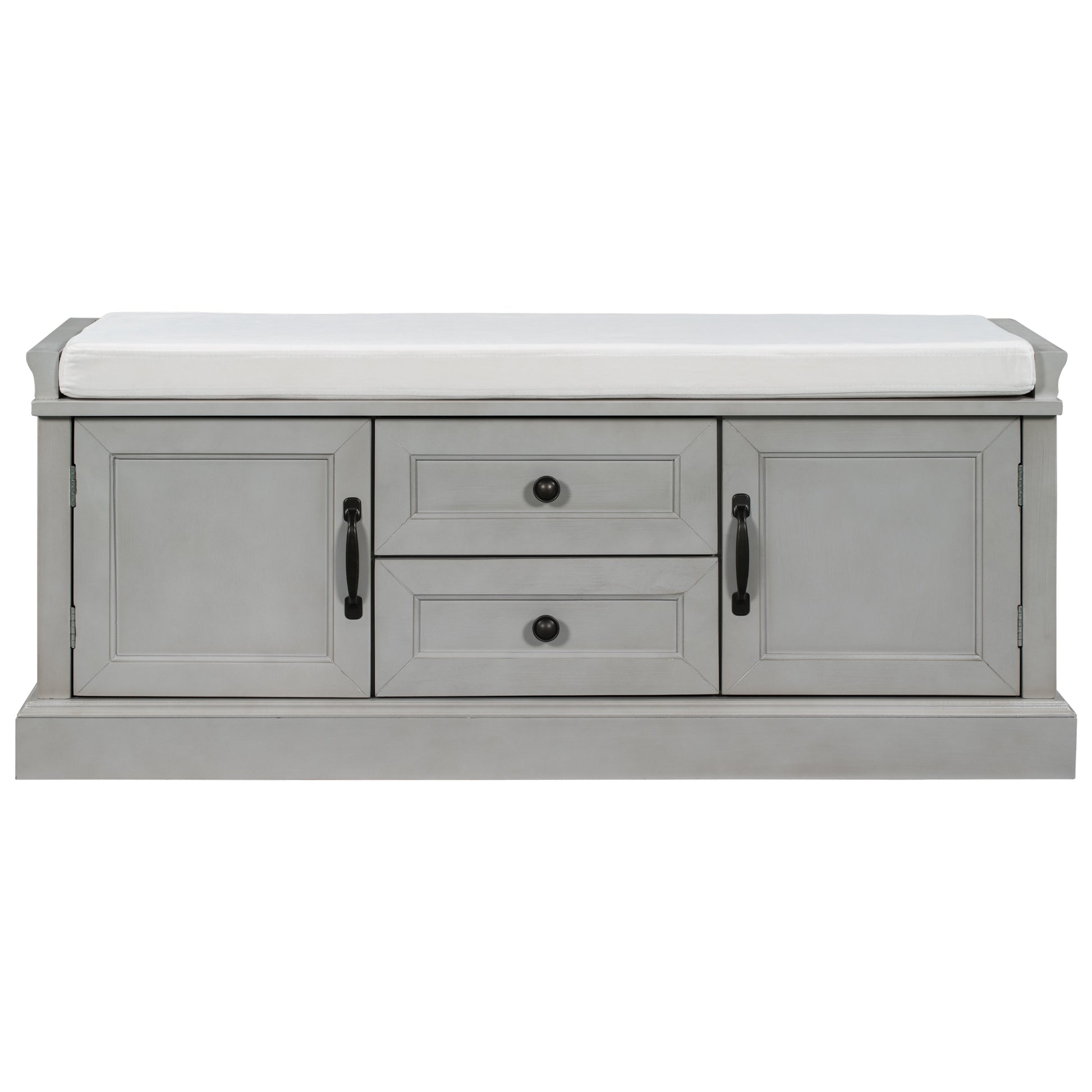 Storage Bench With 2 Drawers And 2 Cabinets, Shoe Bench With Removable Cushion For Living Room, Entryway Gray Wash Gray Wash Solid Wood