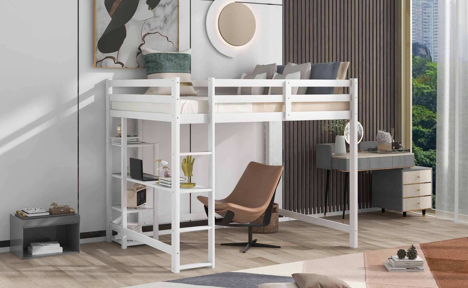 Full Size Loft Bed With Built In Desk And Shelves,White White Solid Wood Mdf