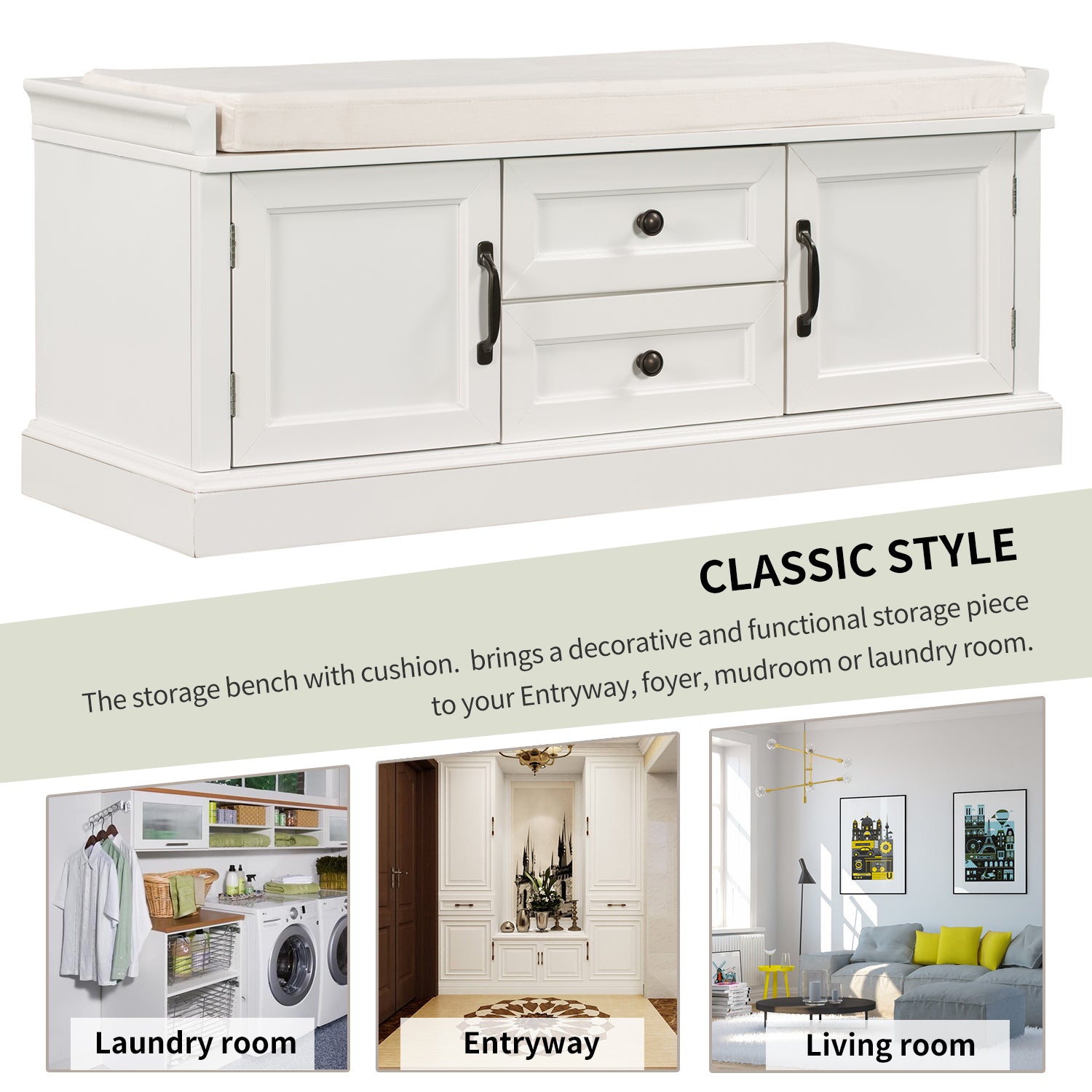 Storage Bench With 2 Drawers And 2 Cabinets, Shoe Bench With Removable Cushion For Living Room, Entryway White White Solid Wood