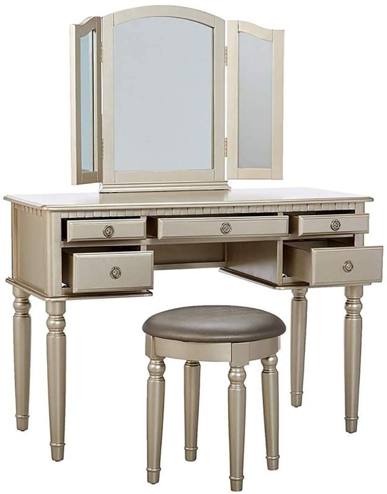 Bedroom Contemporary Vanity Set W Foldable Mirror Stool Drawers Silver Color Silver Gray Bedroom Classic,Contemporary Rubberwood Solid Wood