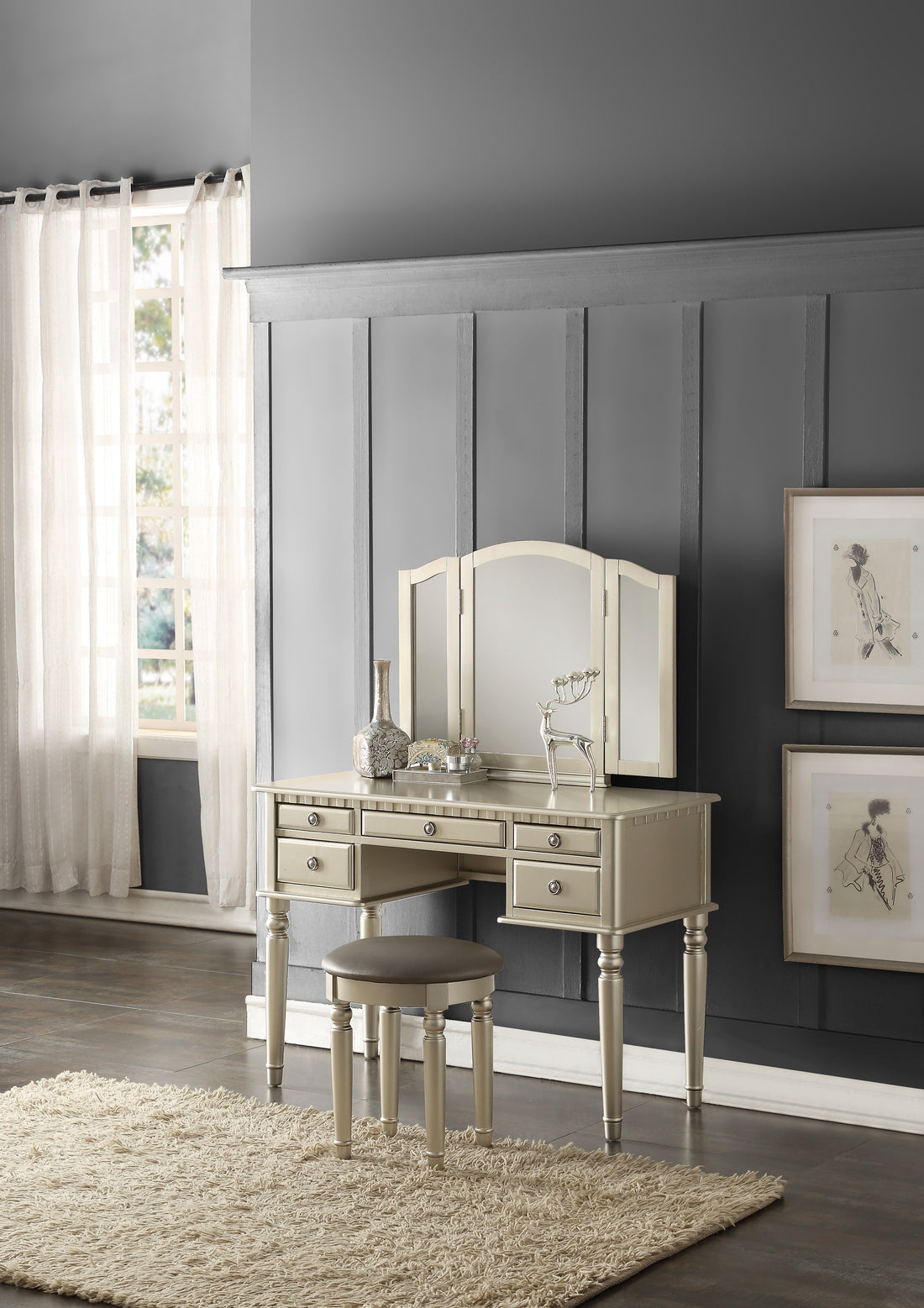 Bedroom Contemporary Vanity Set W Foldable Mirror Stool Drawers Silver Color Silver Gray Bedroom Classic,Contemporary Rubberwood Solid Wood