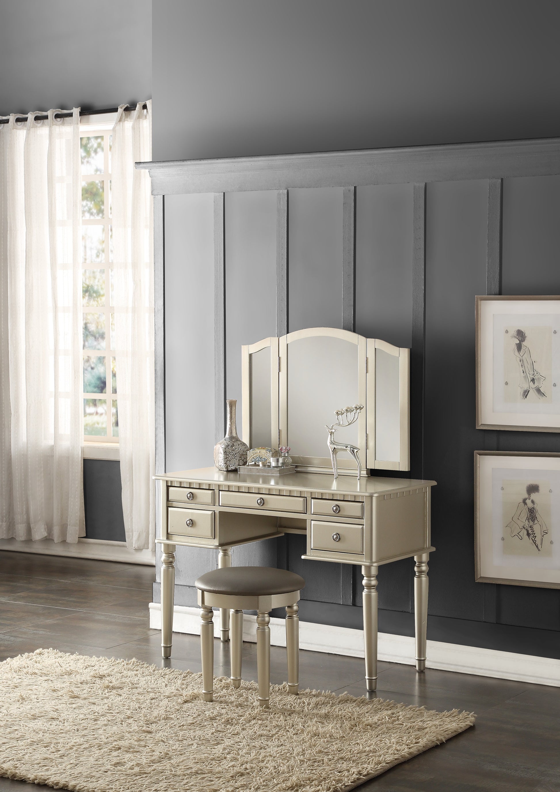 Bedroom Contemporary Vanity Set W Foldable Mirror Stool Drawers Silver Color Silver Gray Bedroom Classic,Contemporary Rubberwood Solid Wood