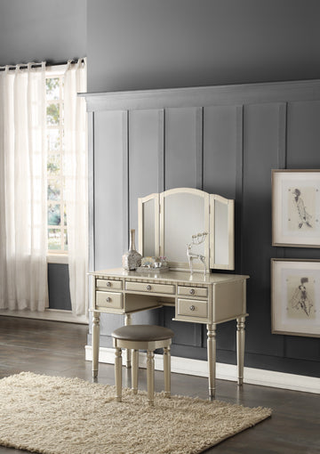 Bedroom Contemporary Vanity Set W Foldable Mirror Stool Drawers Silver Color Silver Gray Bedroom Classic,Contemporary Rubberwood Solid Wood