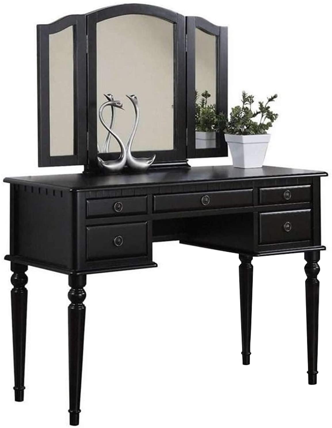 Bedroom Contemporary Vanity Set W Foldable Mirror Stool Drawers Black Color Black Vanity Stools Bedroom Round White Classic,Contemporary Padded Seat Rubberwood Solid Wood