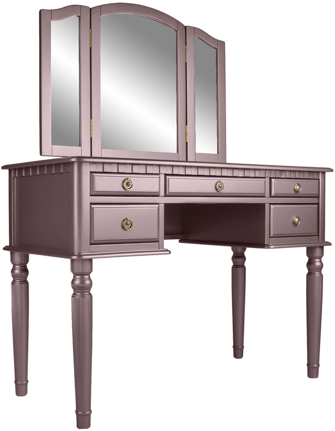 Bedroom Contemporary Vanity Set W Foldable Mirror Stool Drawers Rose Gold Color Rose Gold Vanity Stools Bedroom Round Grey Classic,Contemporary Padded Seat Rubberwood Solid Wood